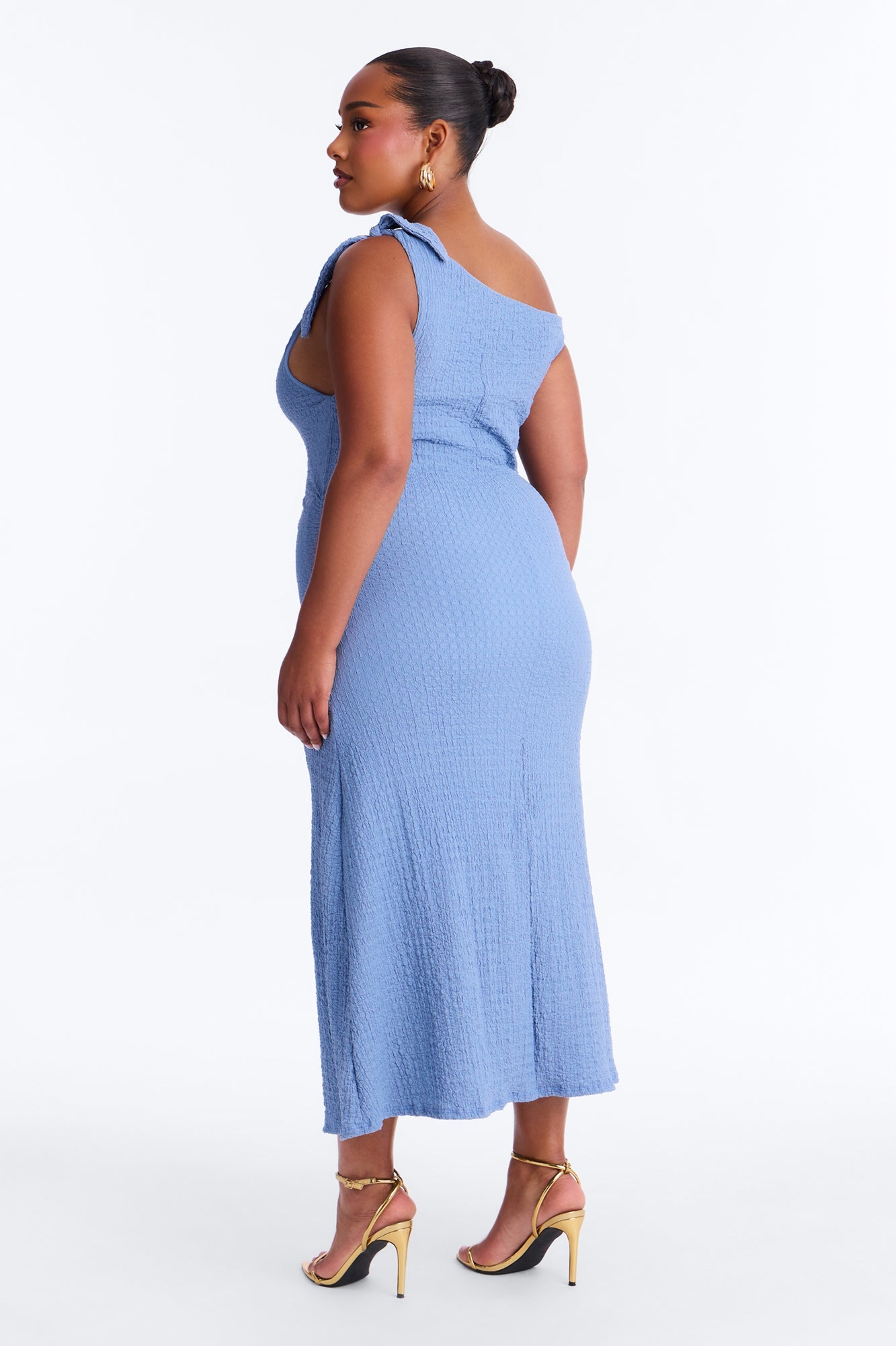Crystal One Shoulder Textured Midi Dress - Blue
