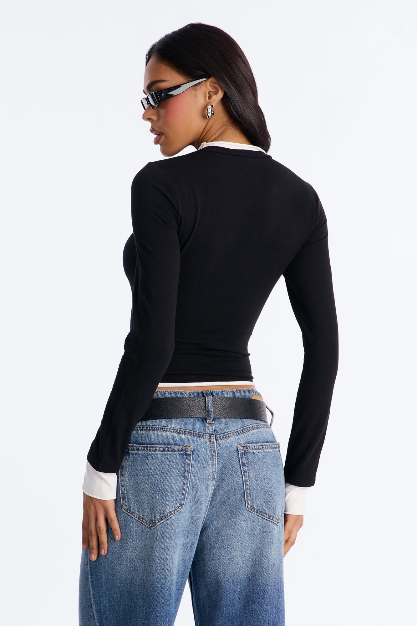 Effortless Edge Contrast Long Sleeve Top - Black/combo