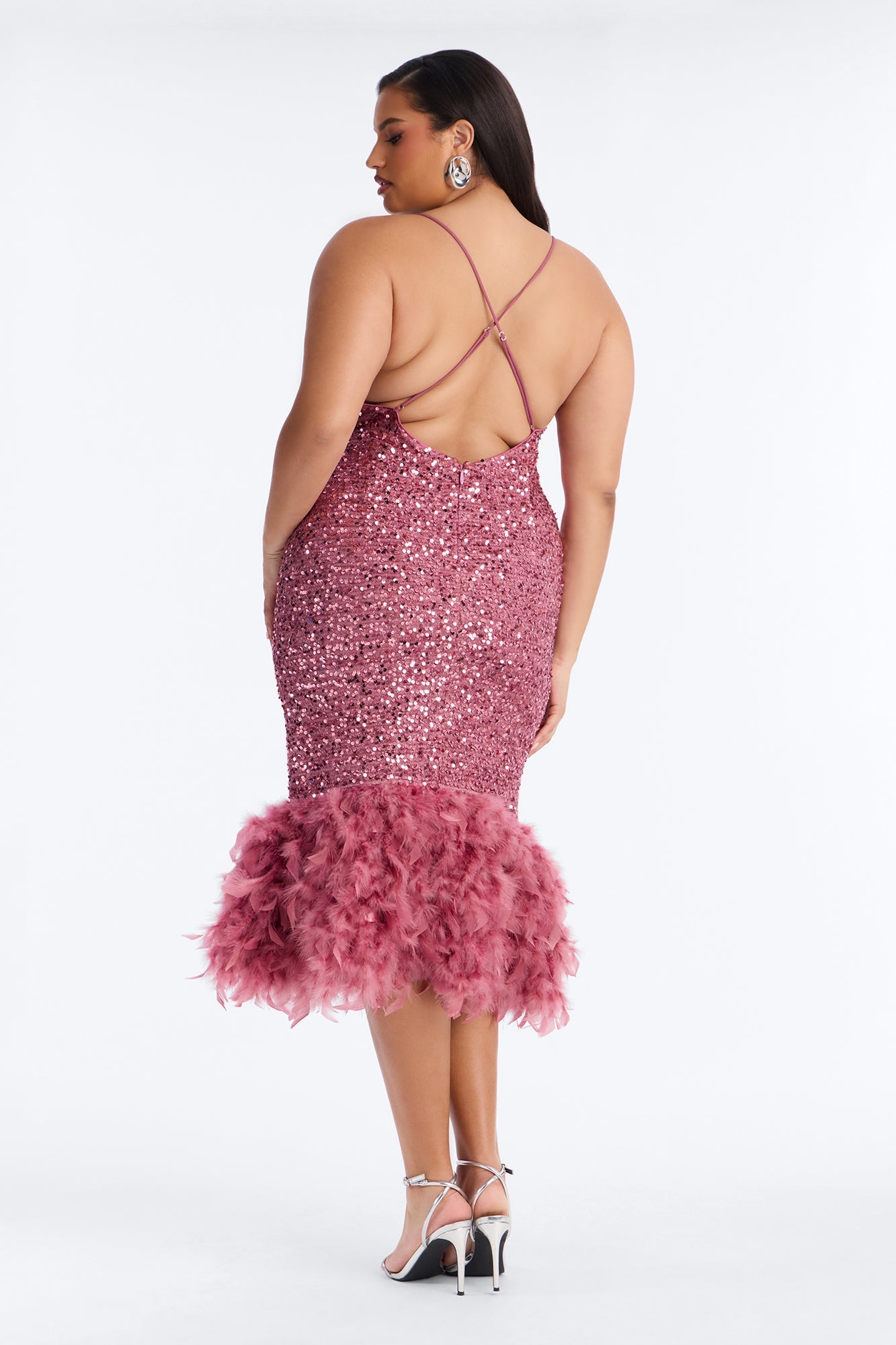Zoey Feathered Sequin Midi Dress - Mauve