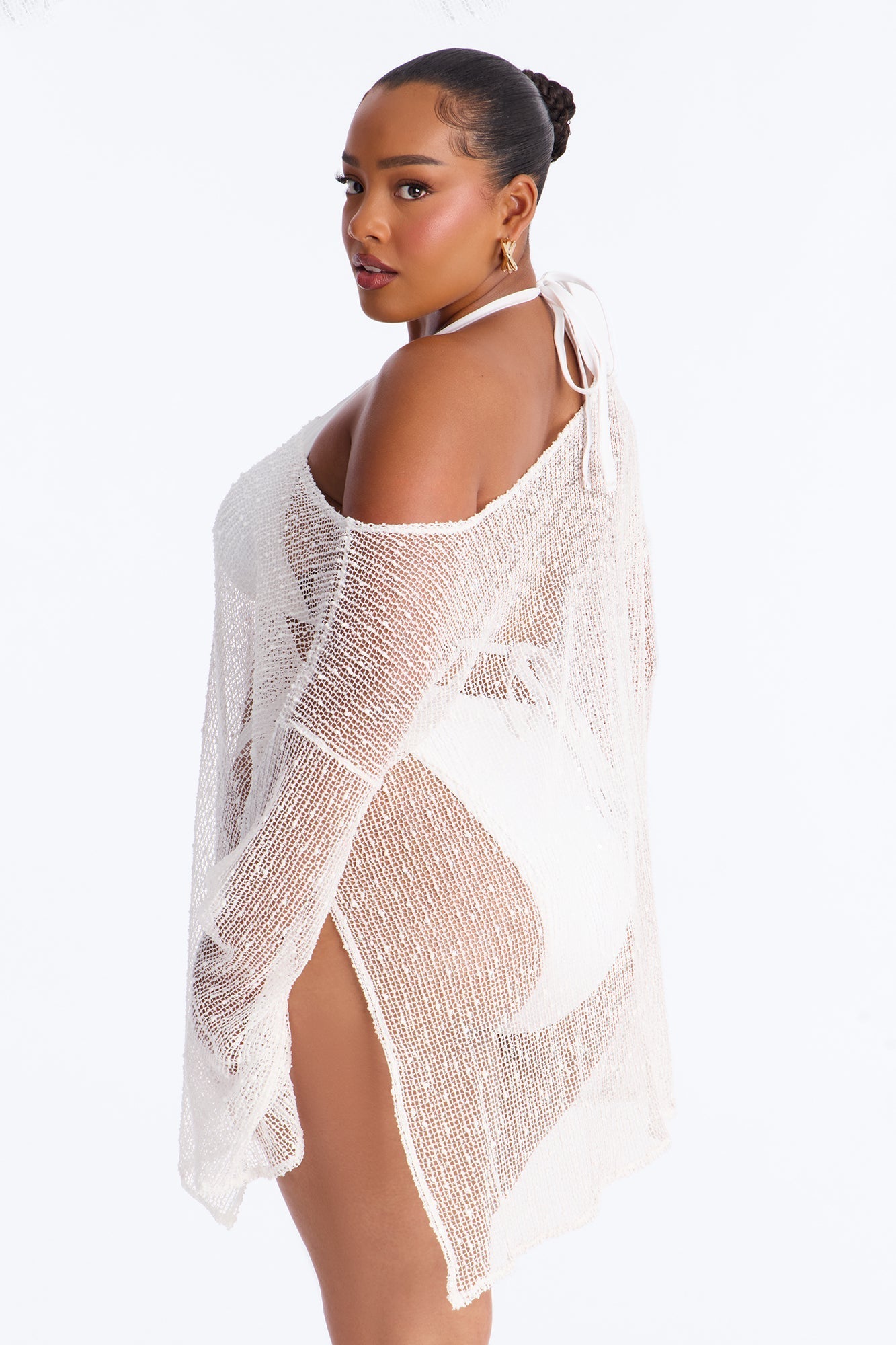 Sarah Textured Long Sleeves Off Shoulder Swim Cover Up Top - White Fashion Nova