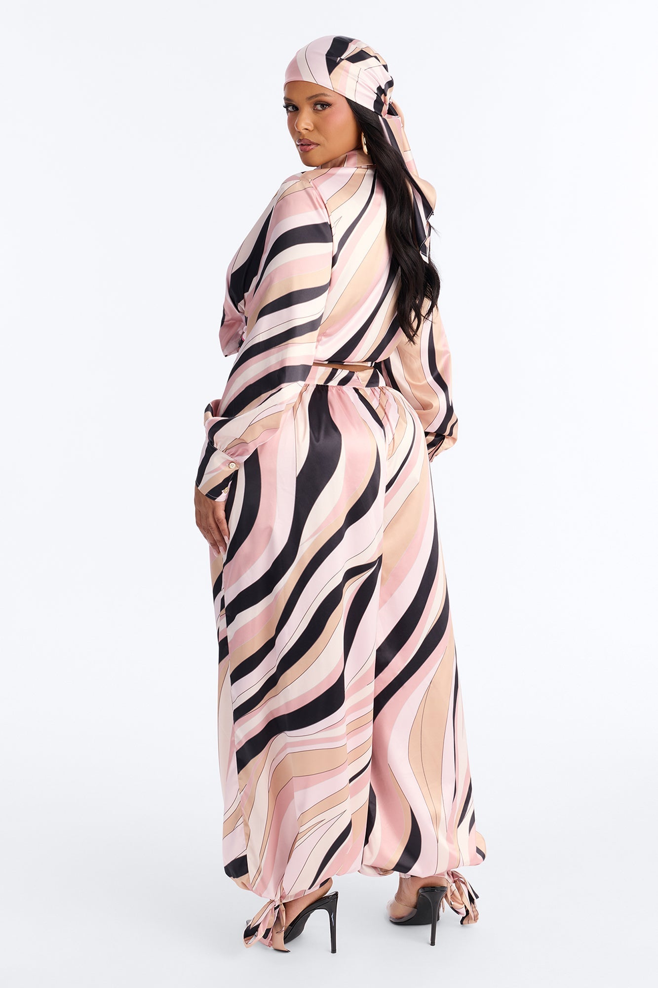 Untamed Abstract Satin Pant Set And Head Scarf - Pink/combo