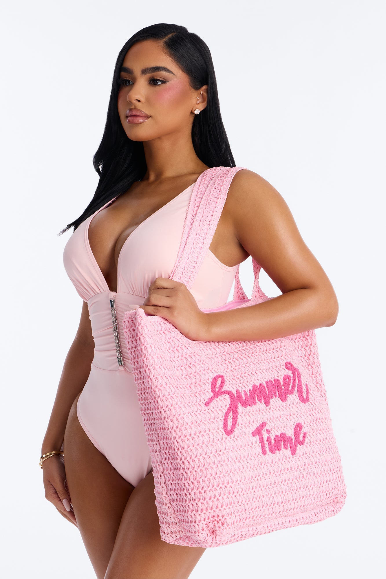 Summer Time Straw Tote And Wristlet - Pink