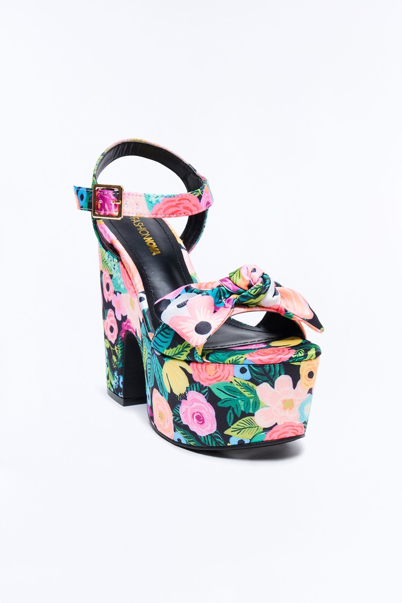 Clara Floral Print Satin Platform Heels - Black/Pink Fashion Nova