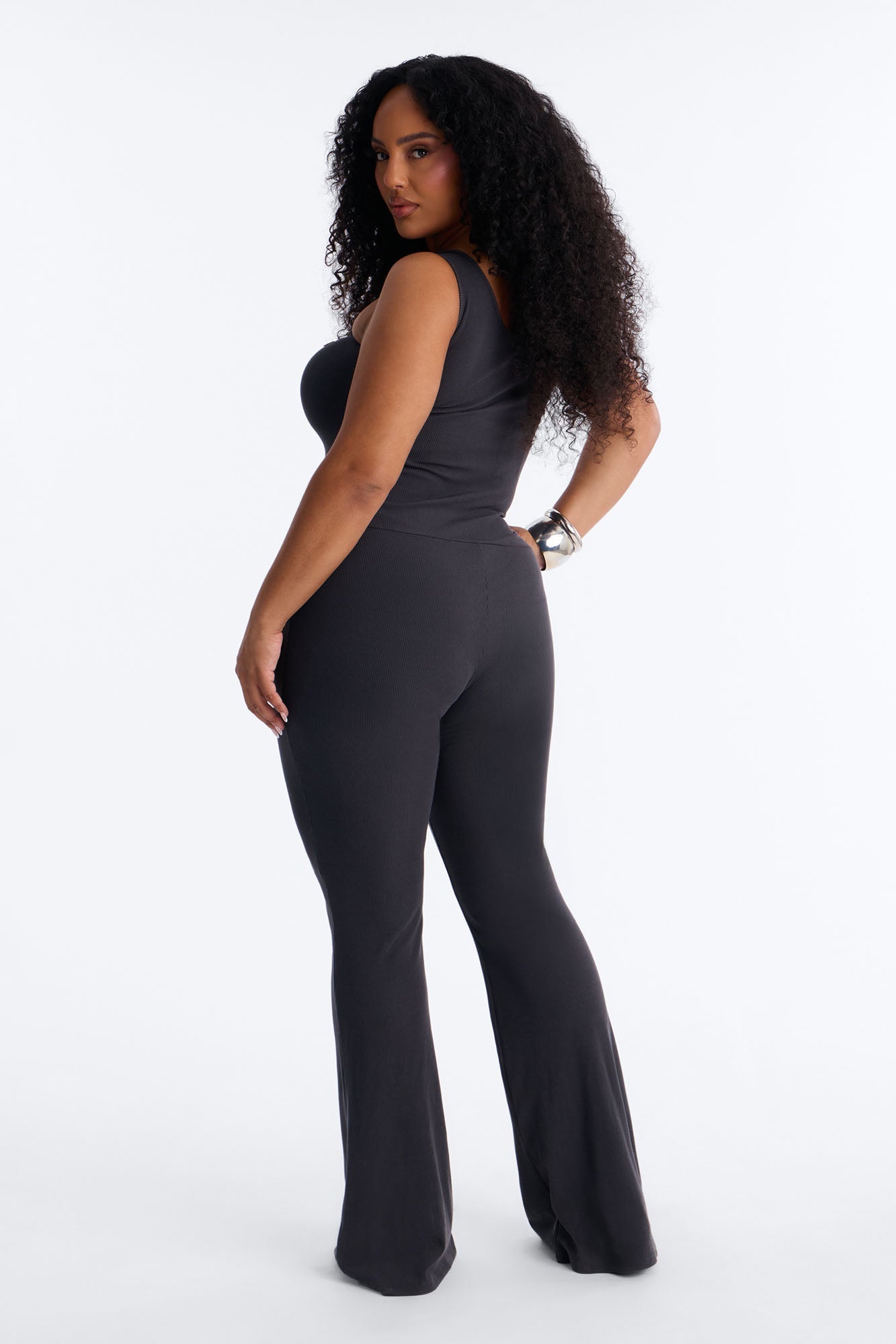 Rio Ribbed Flare Leg Jumpsuit - Charcoal