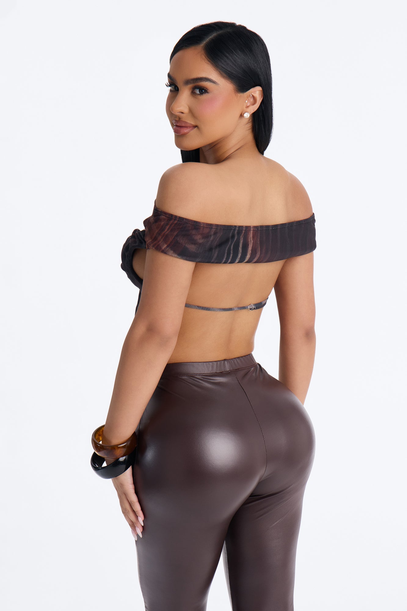 Wild Dusk Mesh Off Shoulder Cut Out Top - Brown/combo