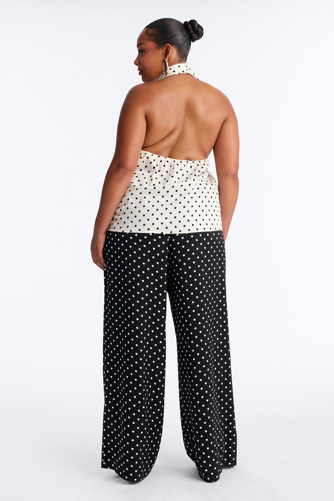 Tasha Satin Polka Dot Halter Pant Set - White/Black