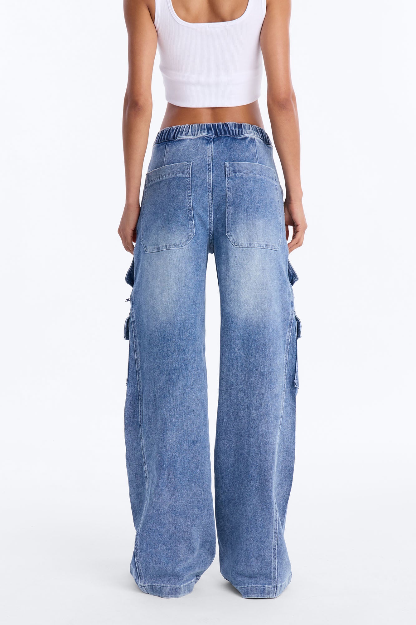 Ask About Me Tie Waist Cargo Wide Leg Jeans - Medium Wash