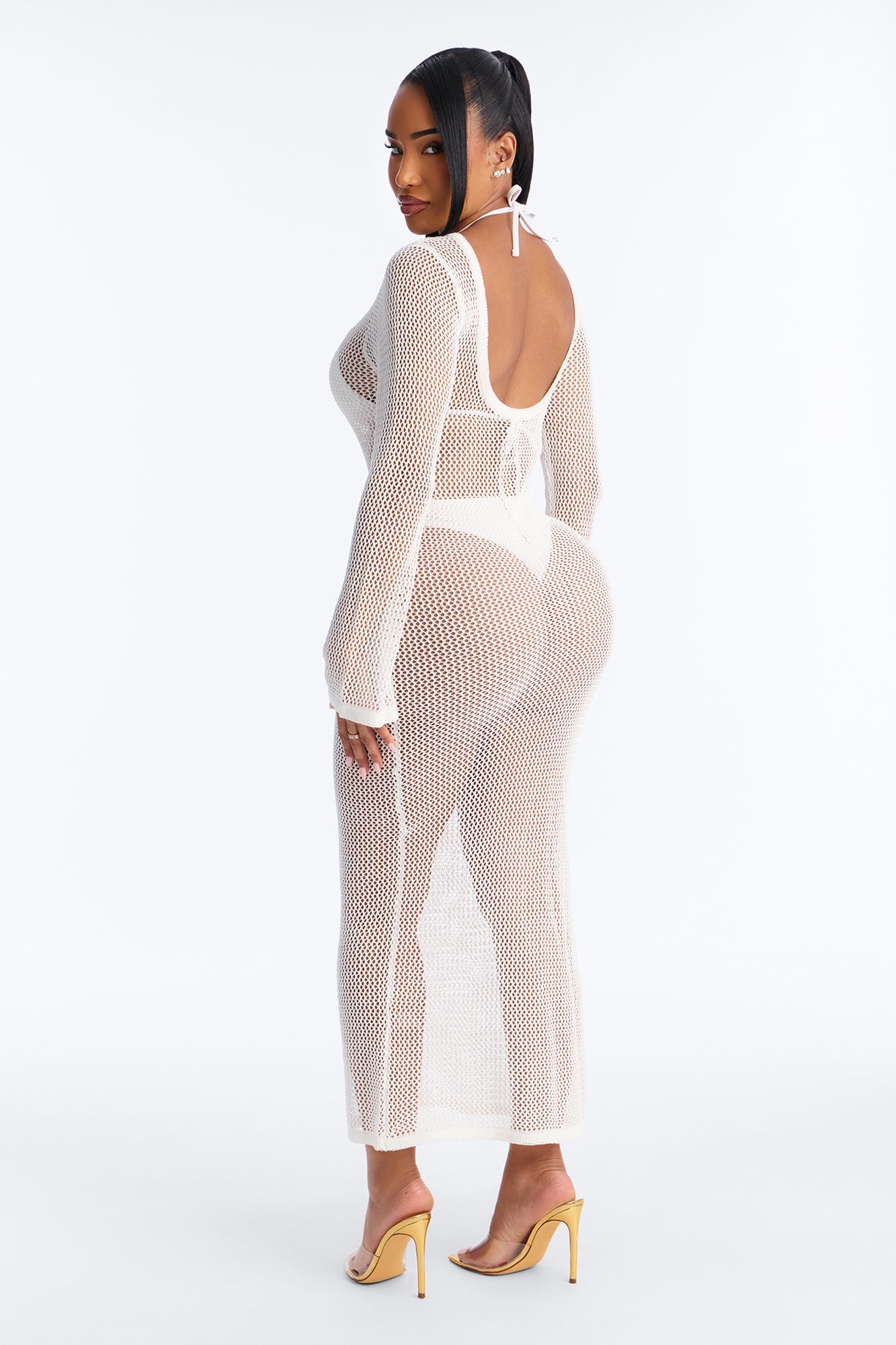 Coastal Veil Crochet Cover Up Bell Sleeve Dress - White