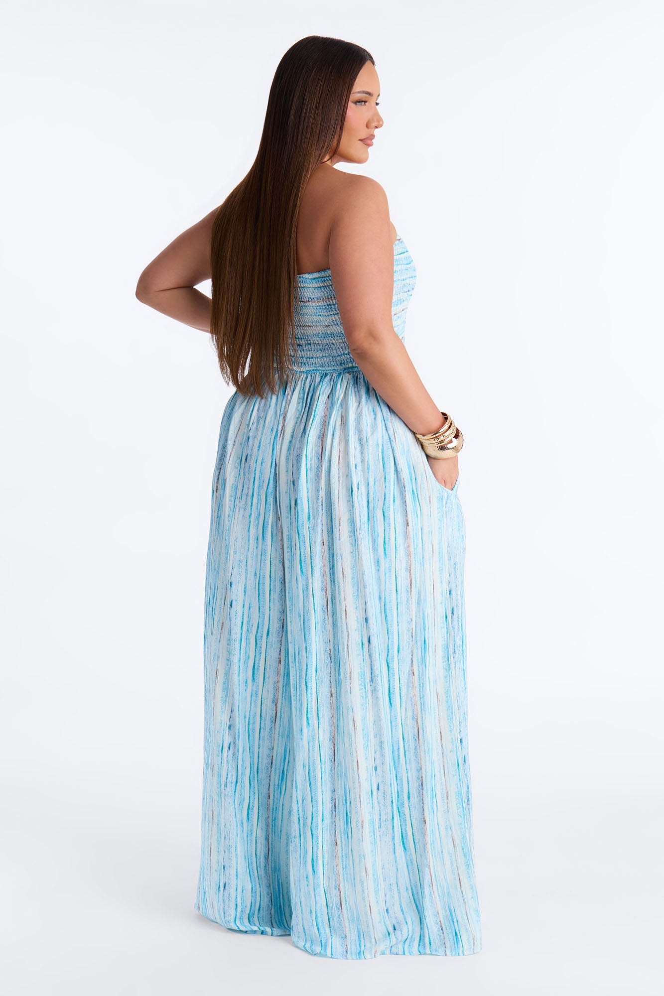 Kayla Smocked Extreme Wide Leg Jumpsuit - Blue