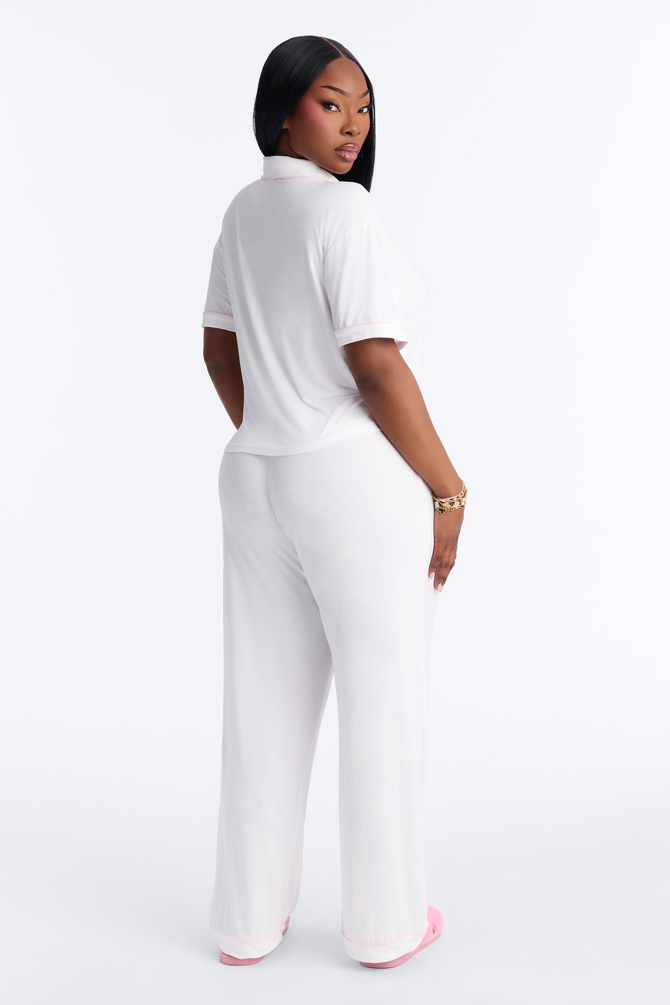 Bride Time Notch Collar PJ Pant Set - White/Pink