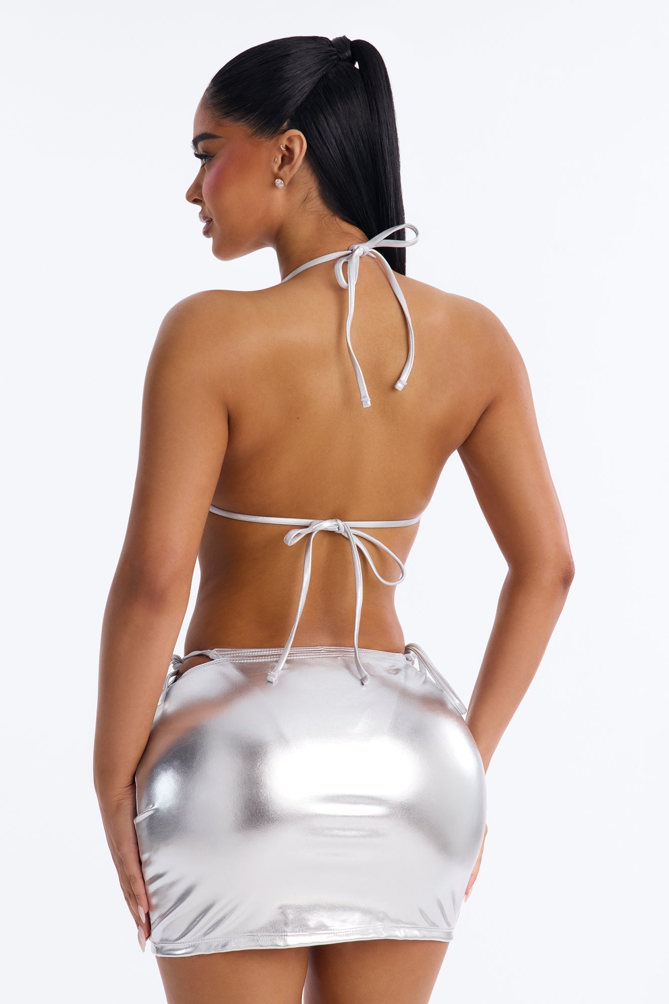 Gaia 3 Piece Metallic Bandeau Bikini & Skirt Set - Silver