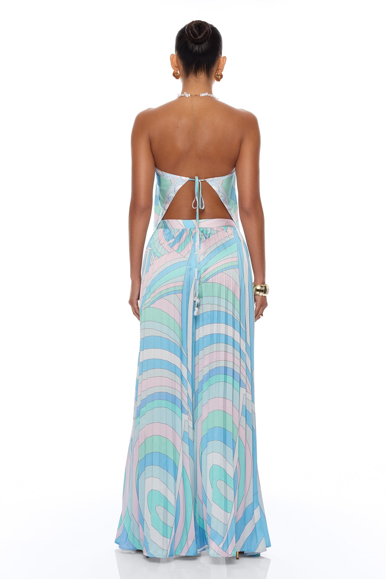 Sadie Pleated Satin Pant Set - Blue/combo