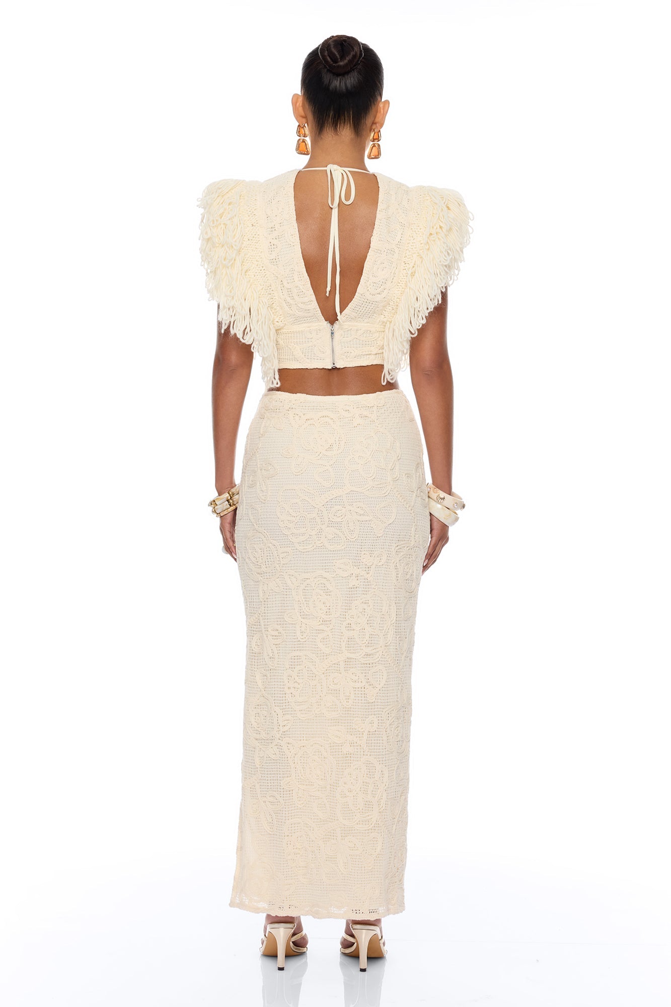 Coastal Vibe Fringe Crochet Skirt Set - Sand