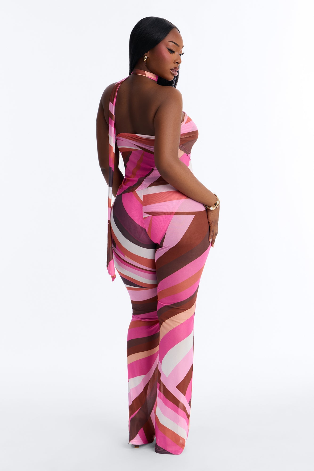 Love Affair Scarf Neck Mesh Pant Set - Pink/combo