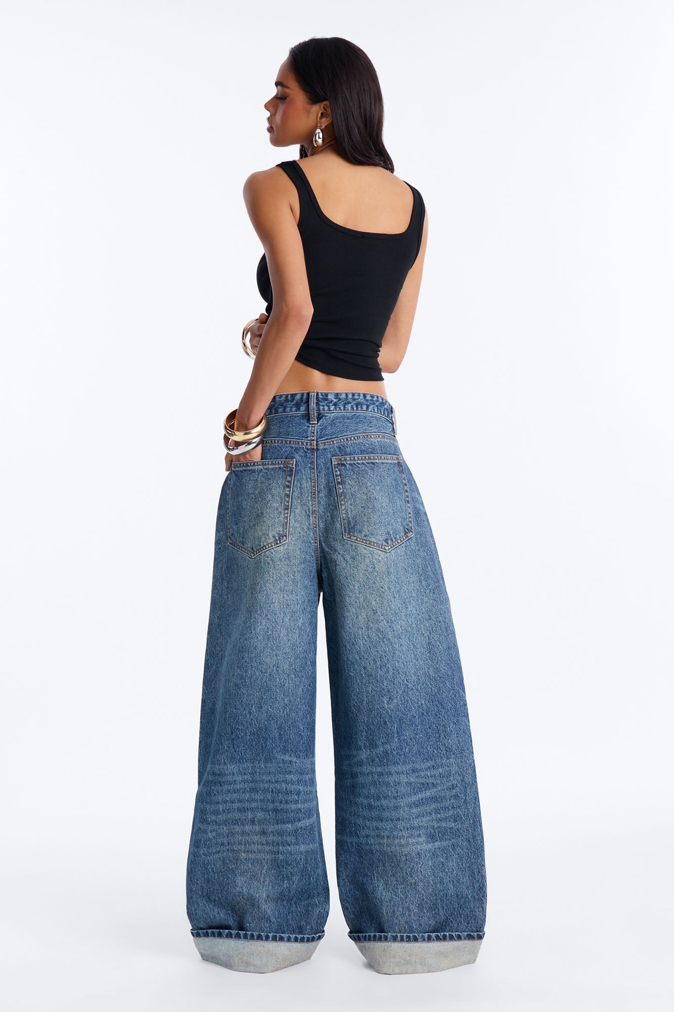 Real Thoughts Baggy Cuffed Wide Leg Jeans - Vintage Wash