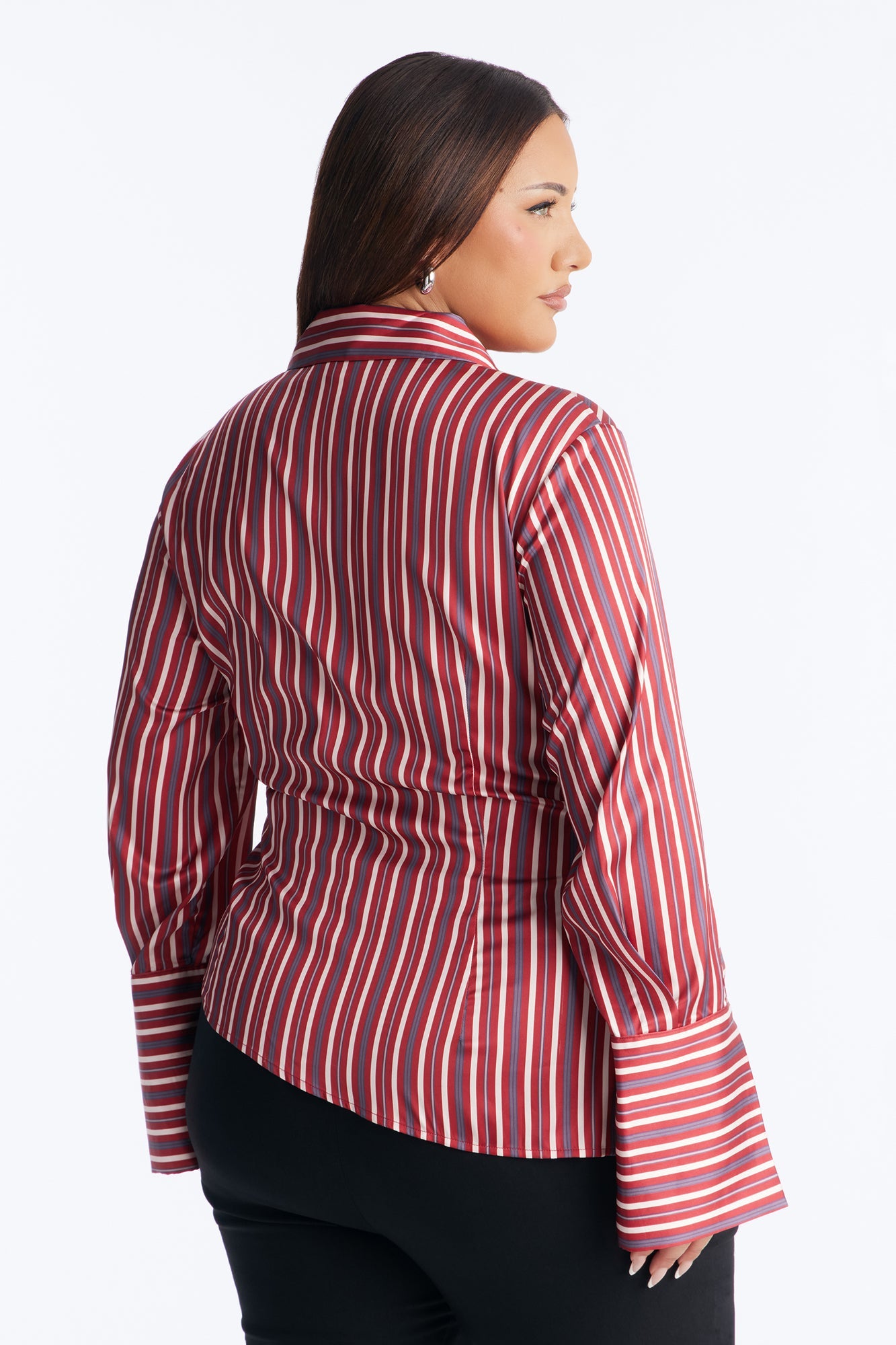 Office Cool Asymmetrical Striped Satin Shirt - Red/combo