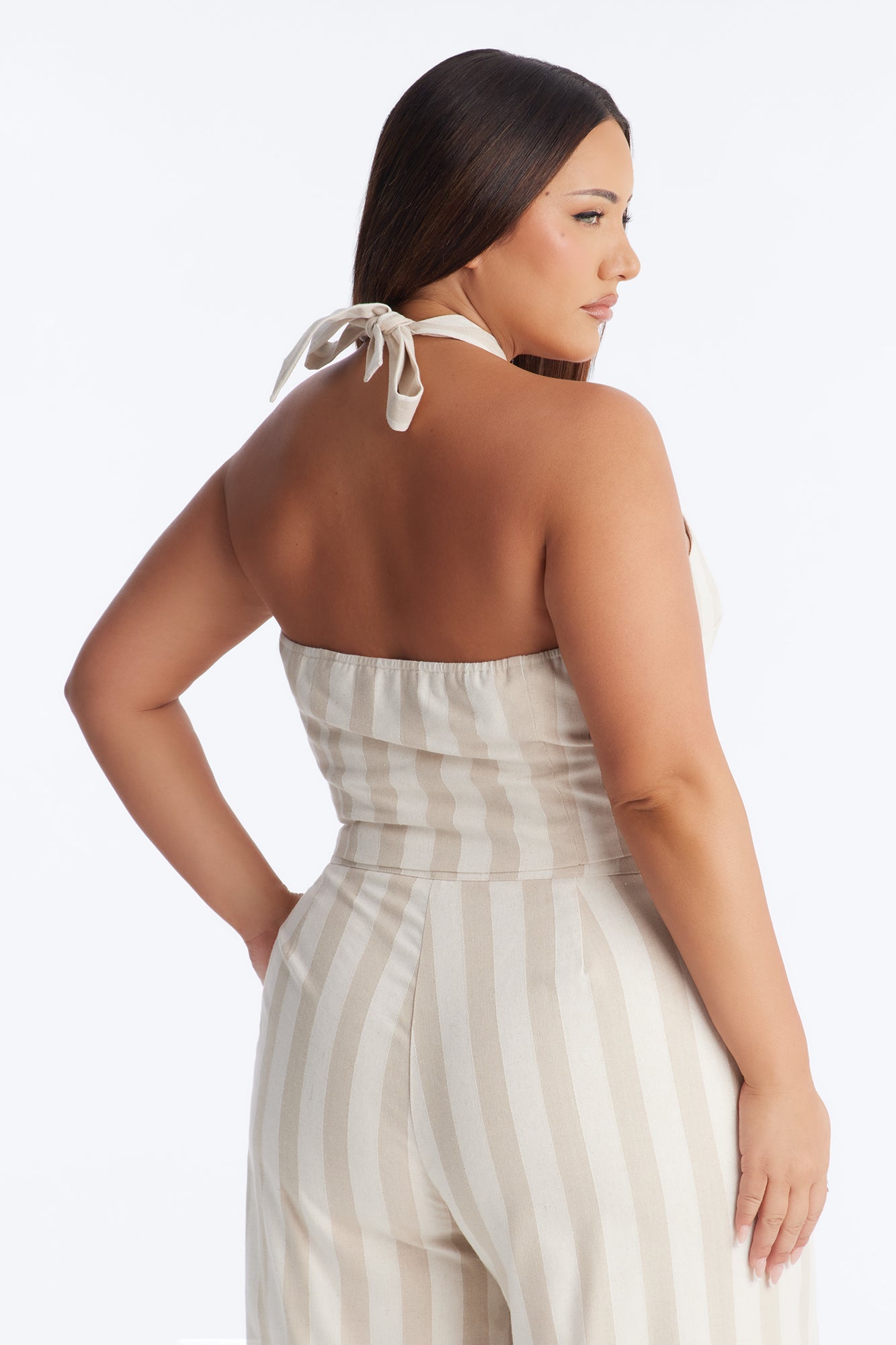 Cruise Attire Striped Linen Halter Top - Taupe/combo Fashion Nova