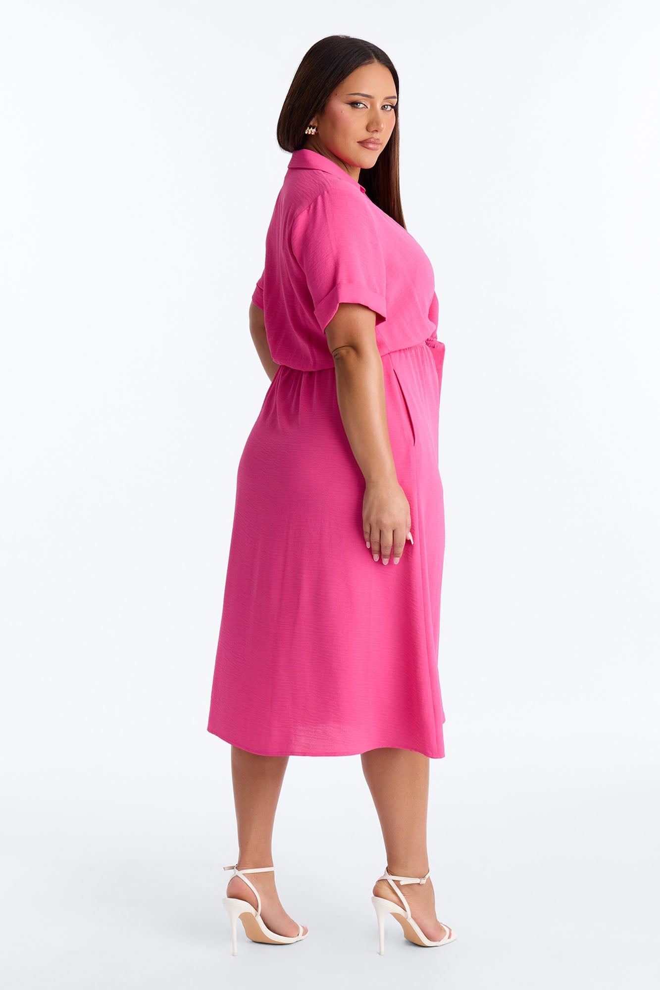 Caroline Cinched Midi Dress - Hot Pink