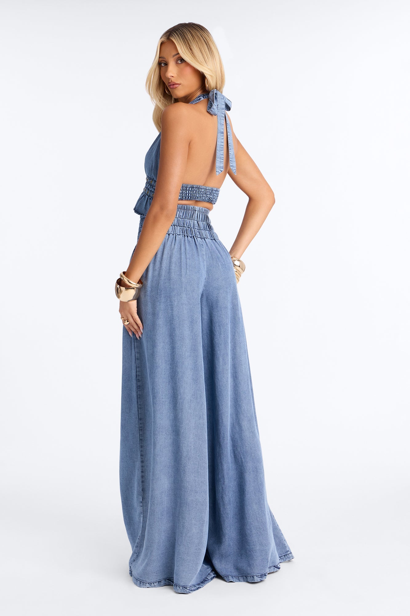 Kona Washed Chambray Halter Pant Set - Medium