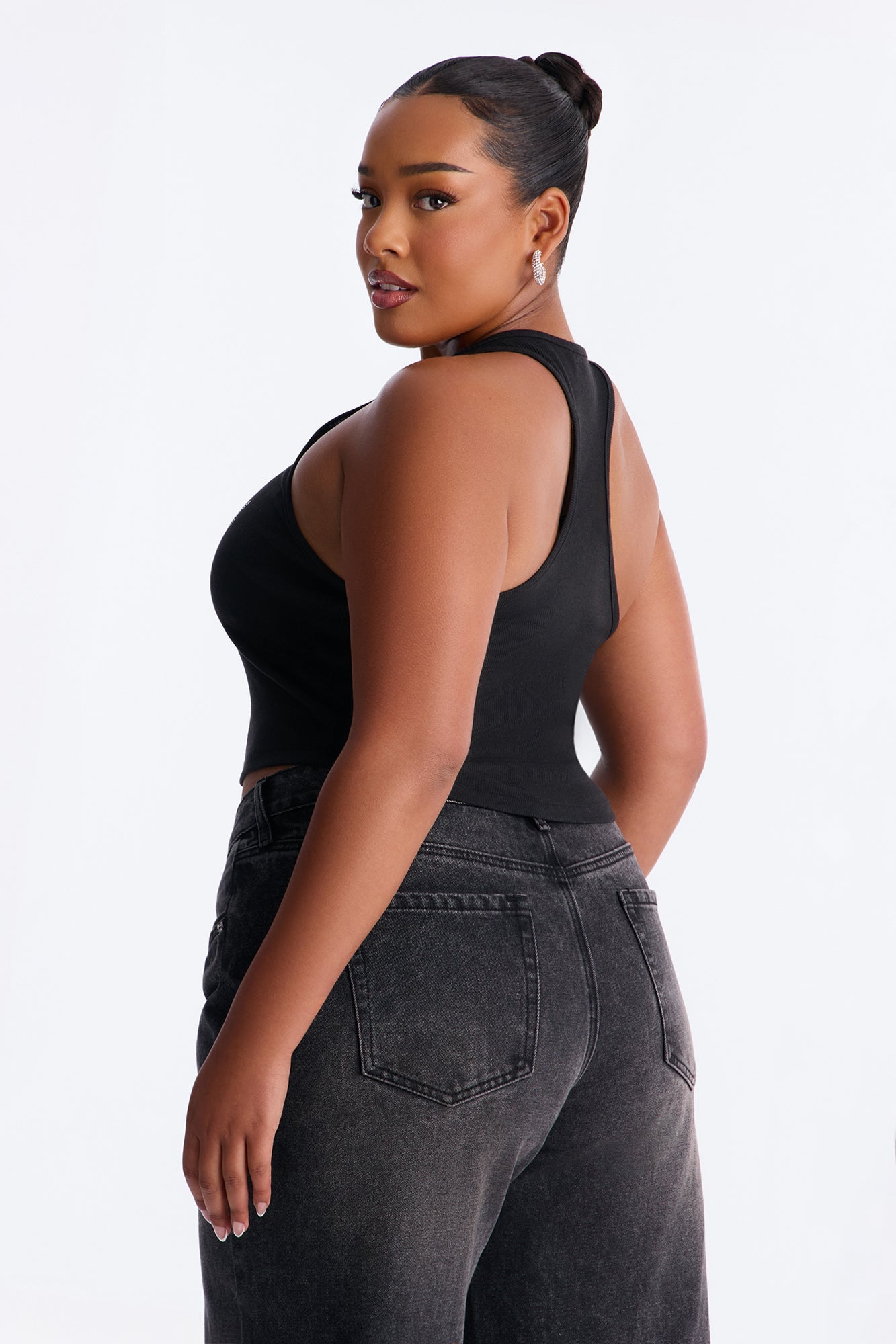 Bridesmaid Rhinestones Ribbed Tank Top - Black