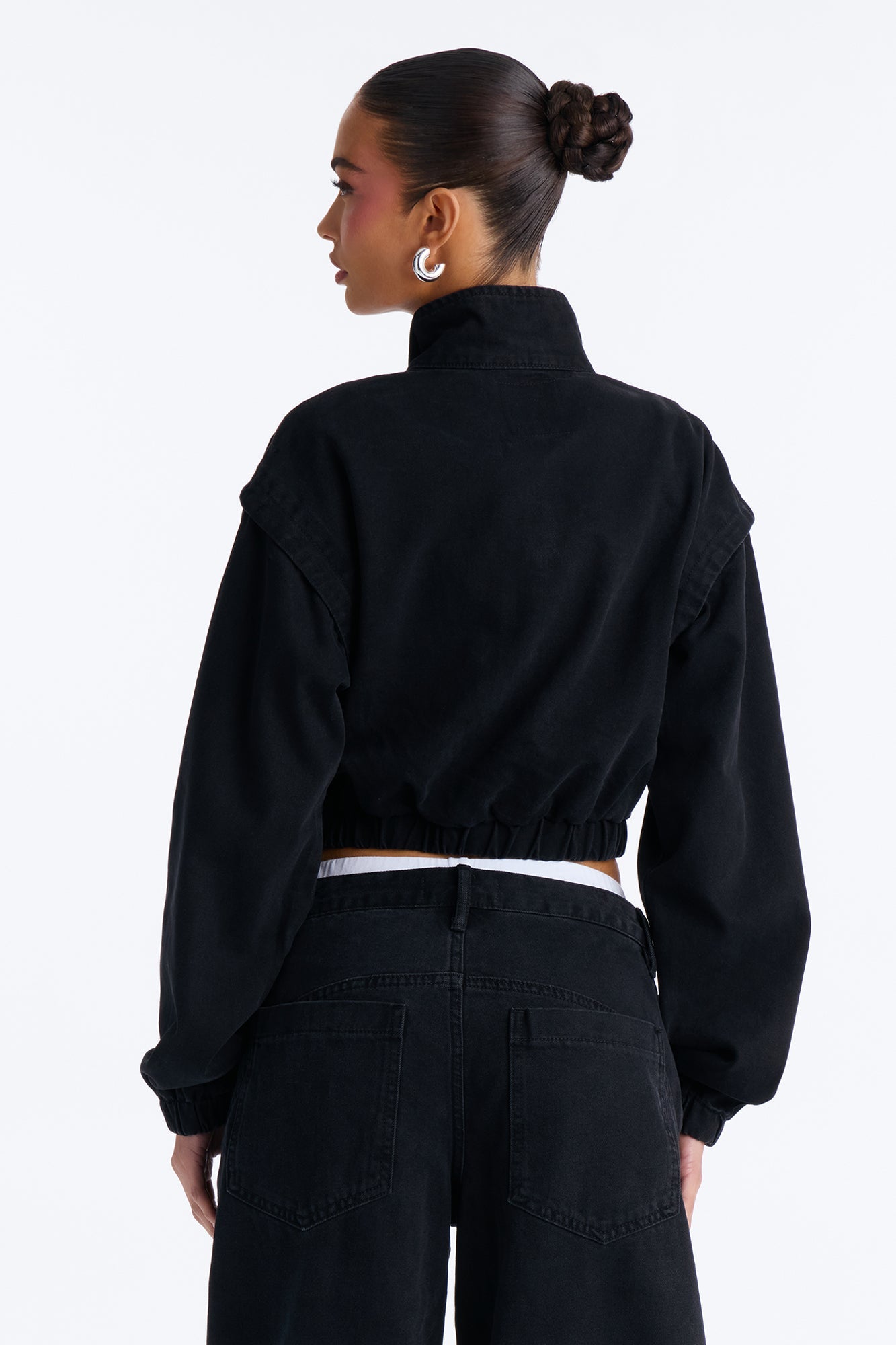 Living On Edge Cropped Denim Bomber Jacket - Black Wash