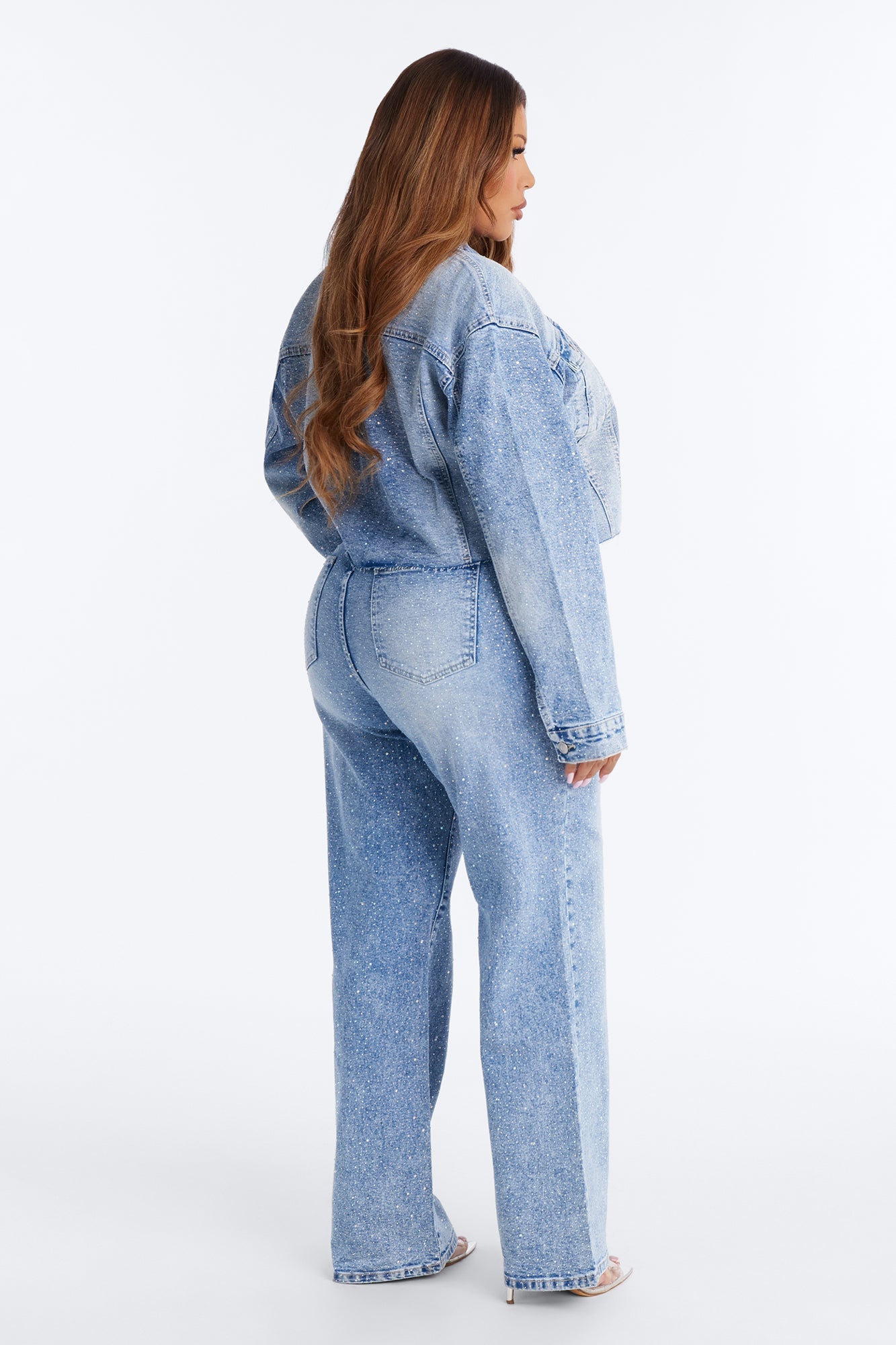 Spotlight Status Rhinestone Denim Pant Set - Light Wash
