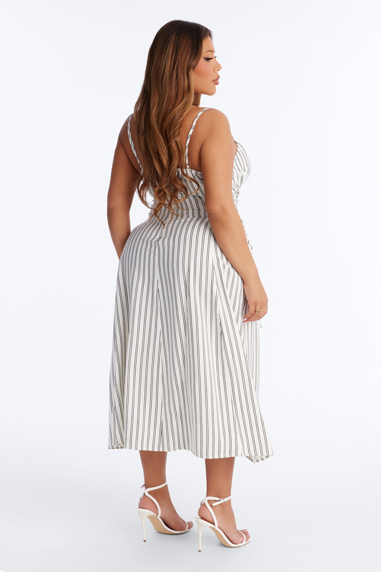 Claire Lace Up Pinstripe Midi Dress - White/combo