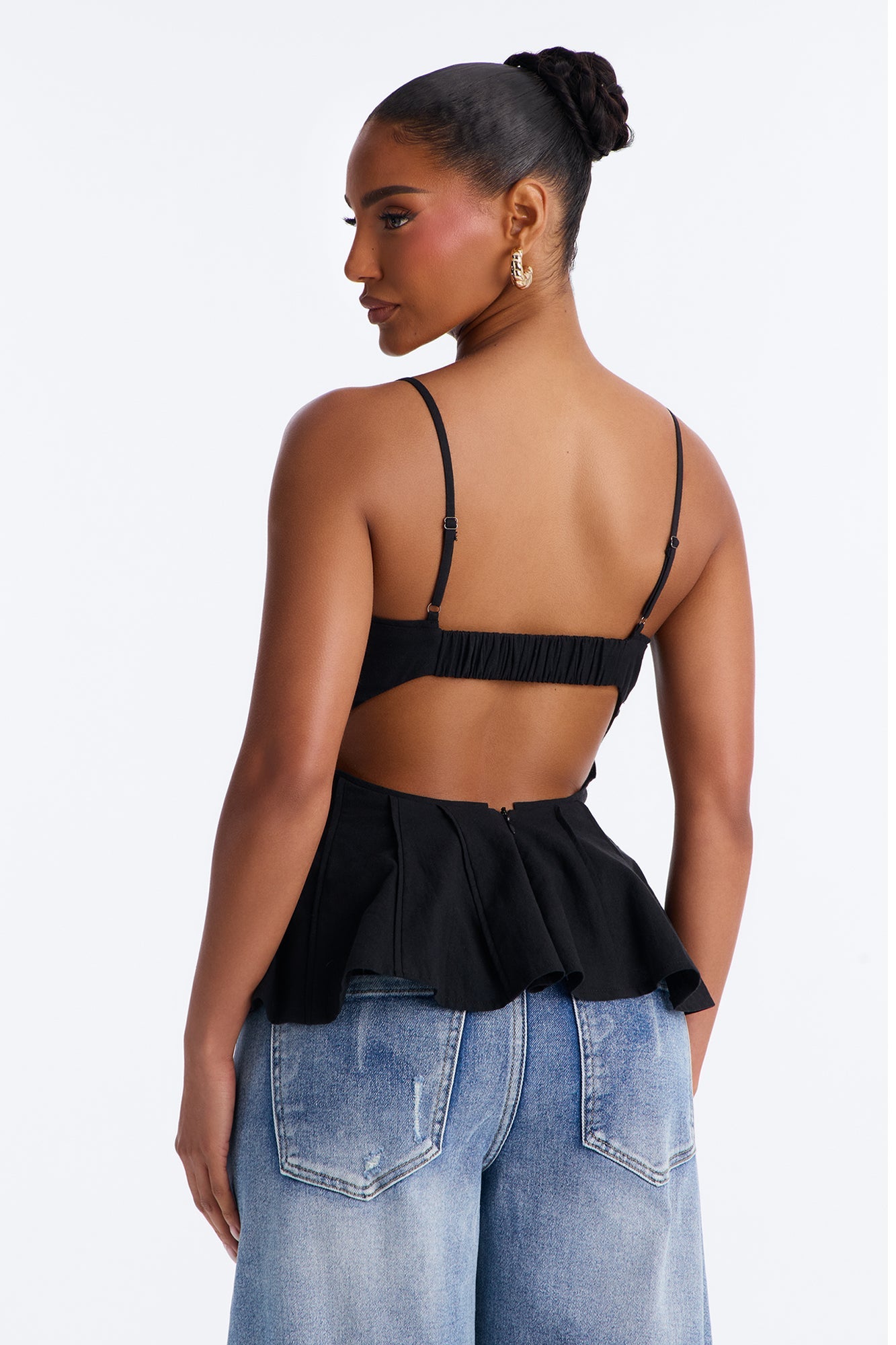 Pretty Please Peplum Linen Babydoll Top - Black