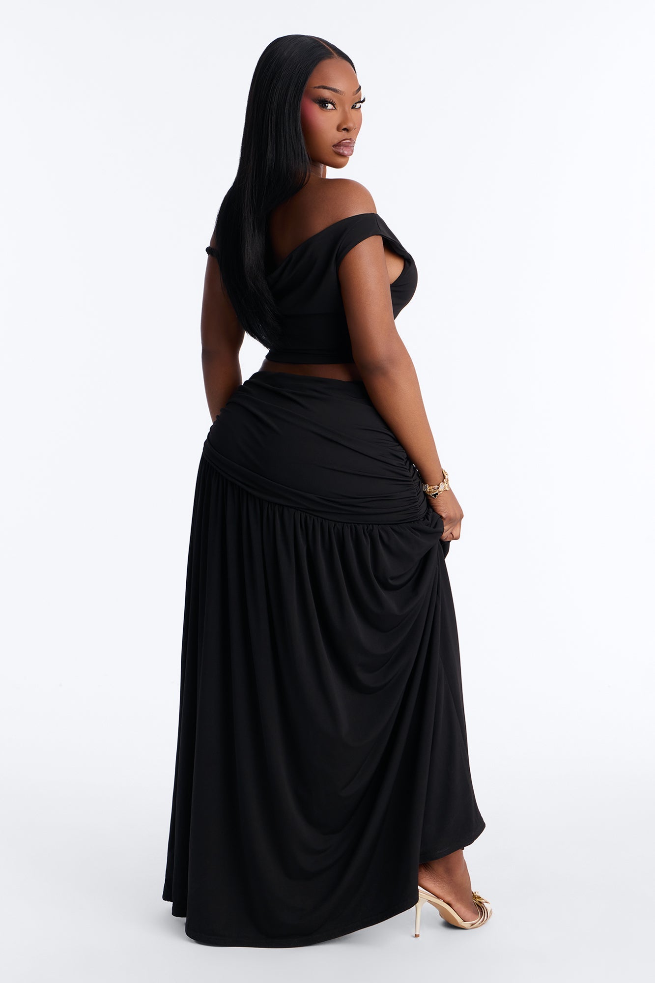 Marilyn Off Shoulder High Slit Maxi Skirt Set - Black