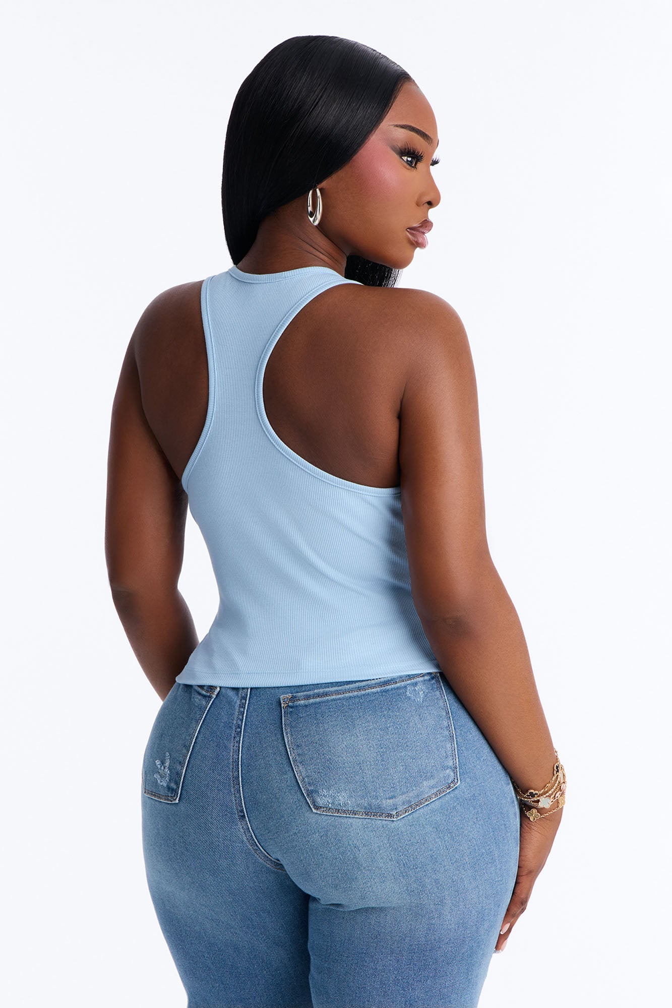 Bridesmaid Rhinestones Ribbed Tank Top - Light Blue