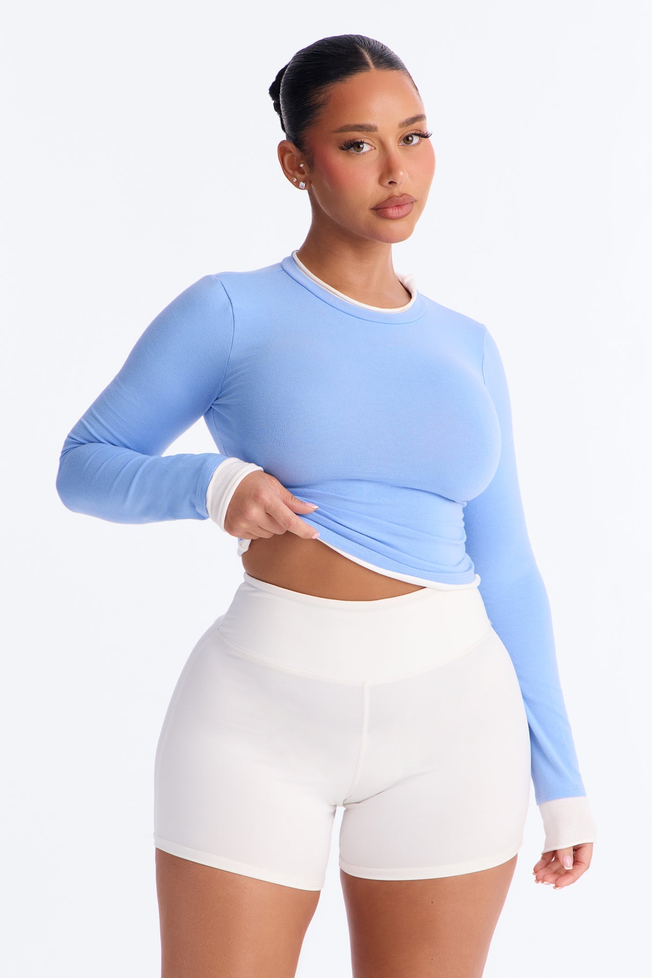 Effortless Edge Contrast Long Sleeve Top - Blue/combo