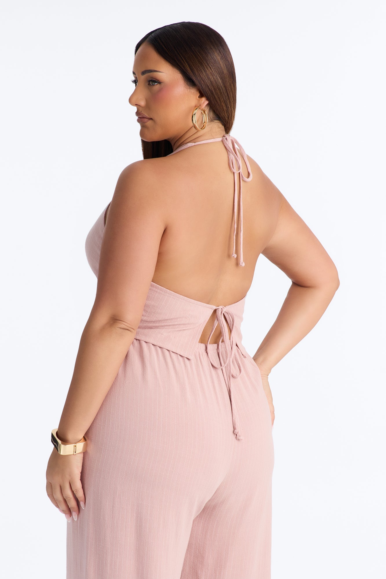 Girl Gone Wild Pinstripe Linen Halter Top - Blush