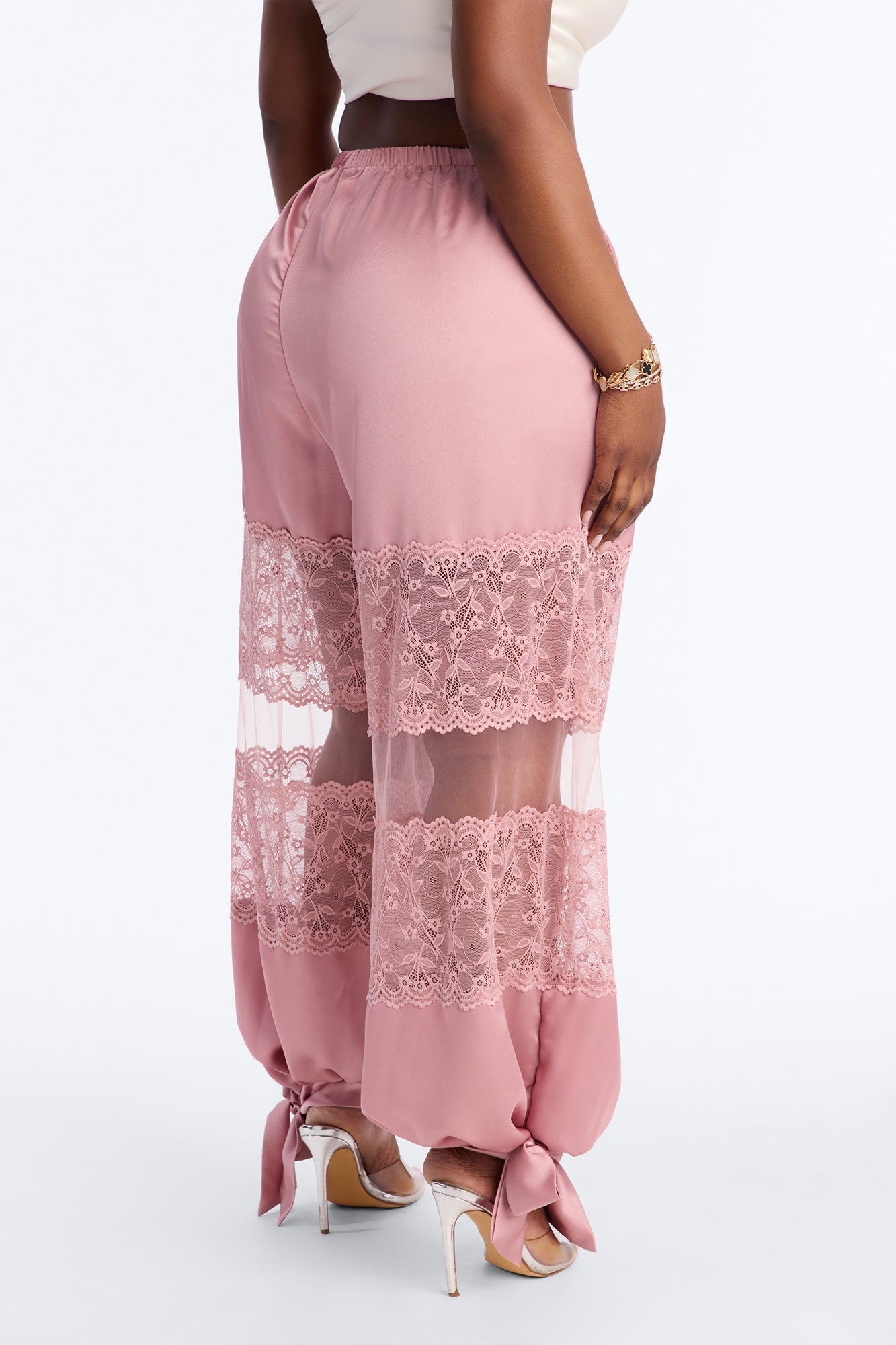 Melissa Satin Brunch Lace Trim Jogger Pant - Light Pink