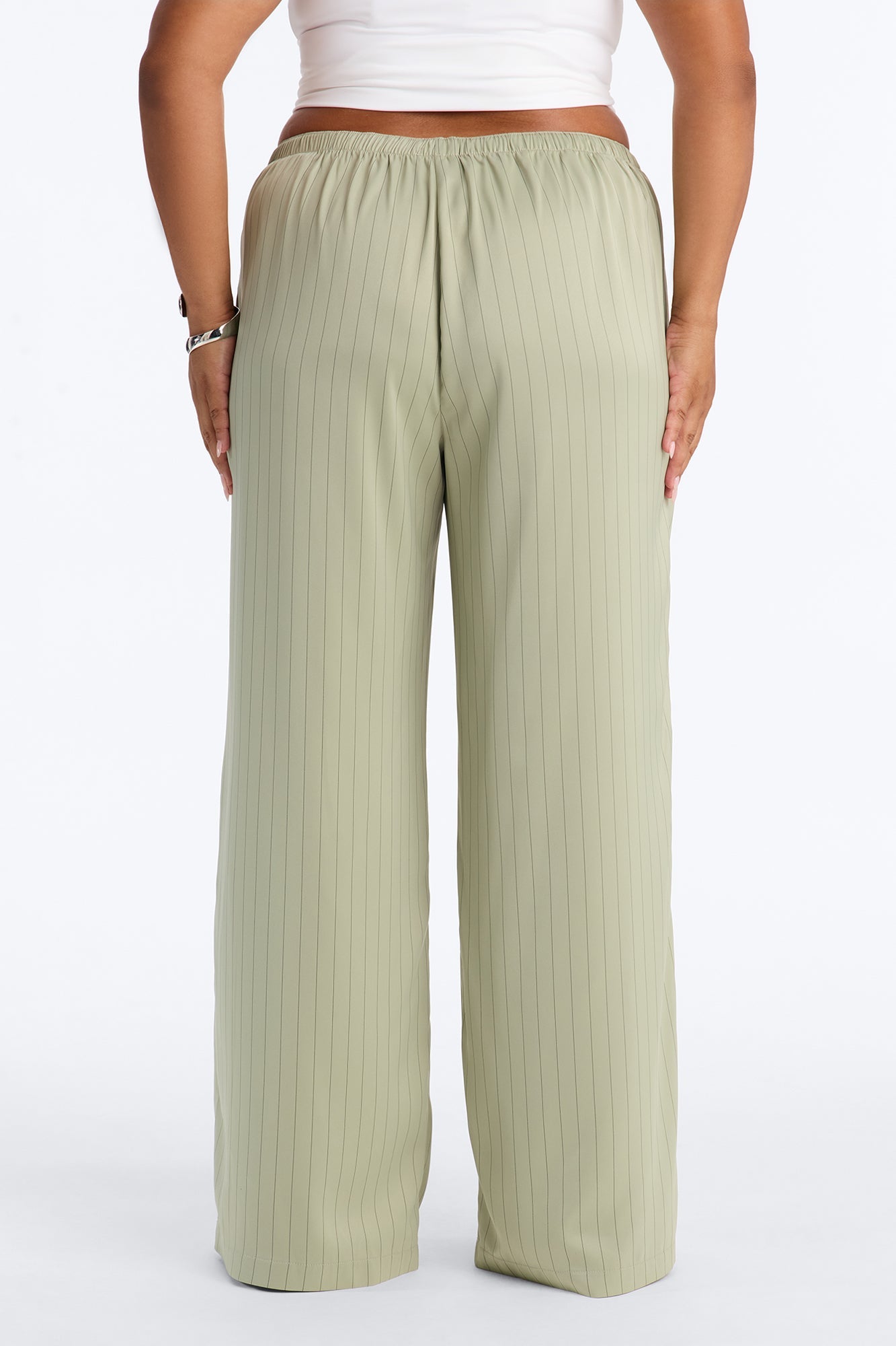 Lulu Pinstripe Satin Wide Leg Pant 32″ - Olive