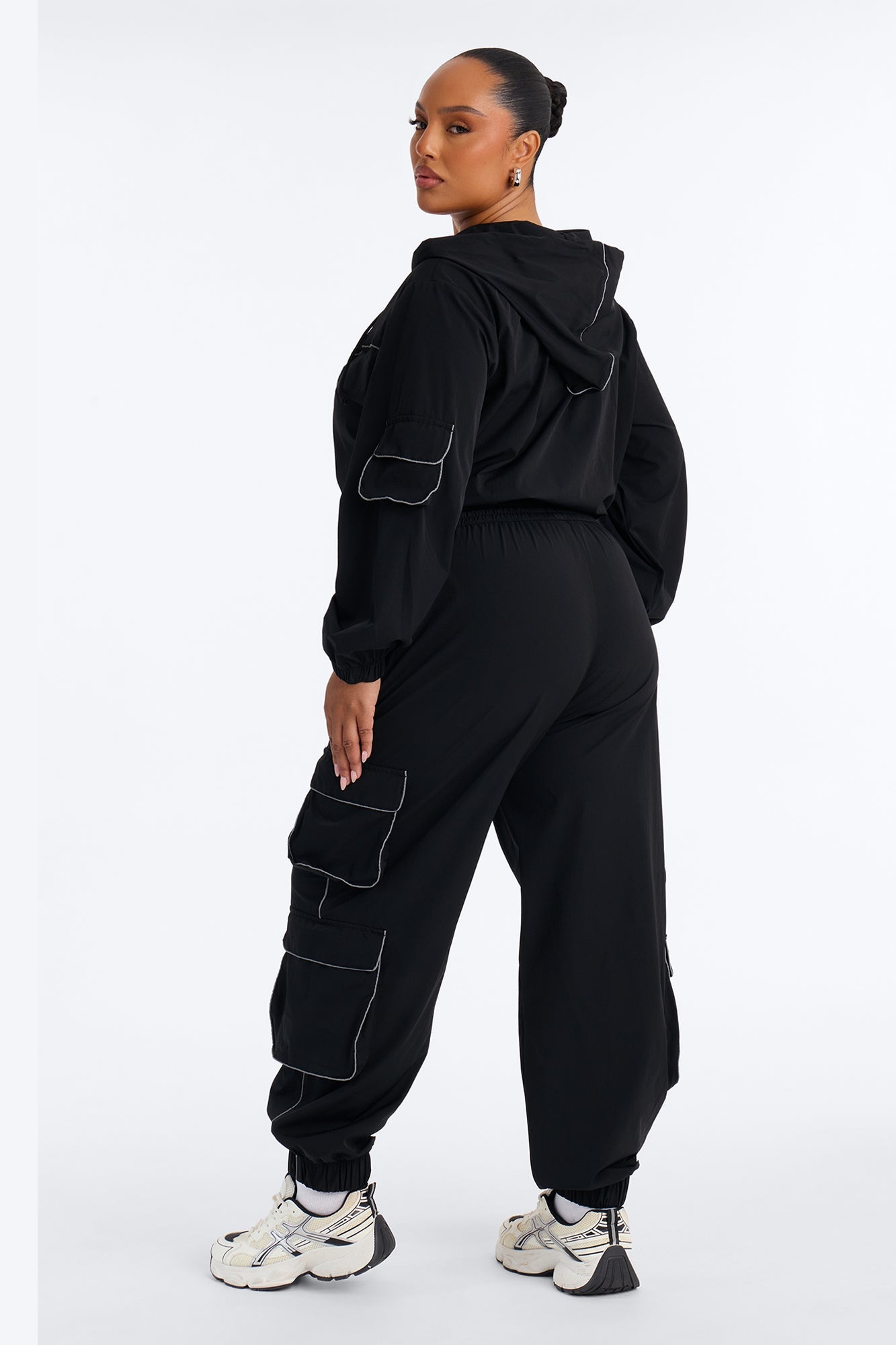 Nessa Nylon Cargo Hoodie Jogger Set - Black