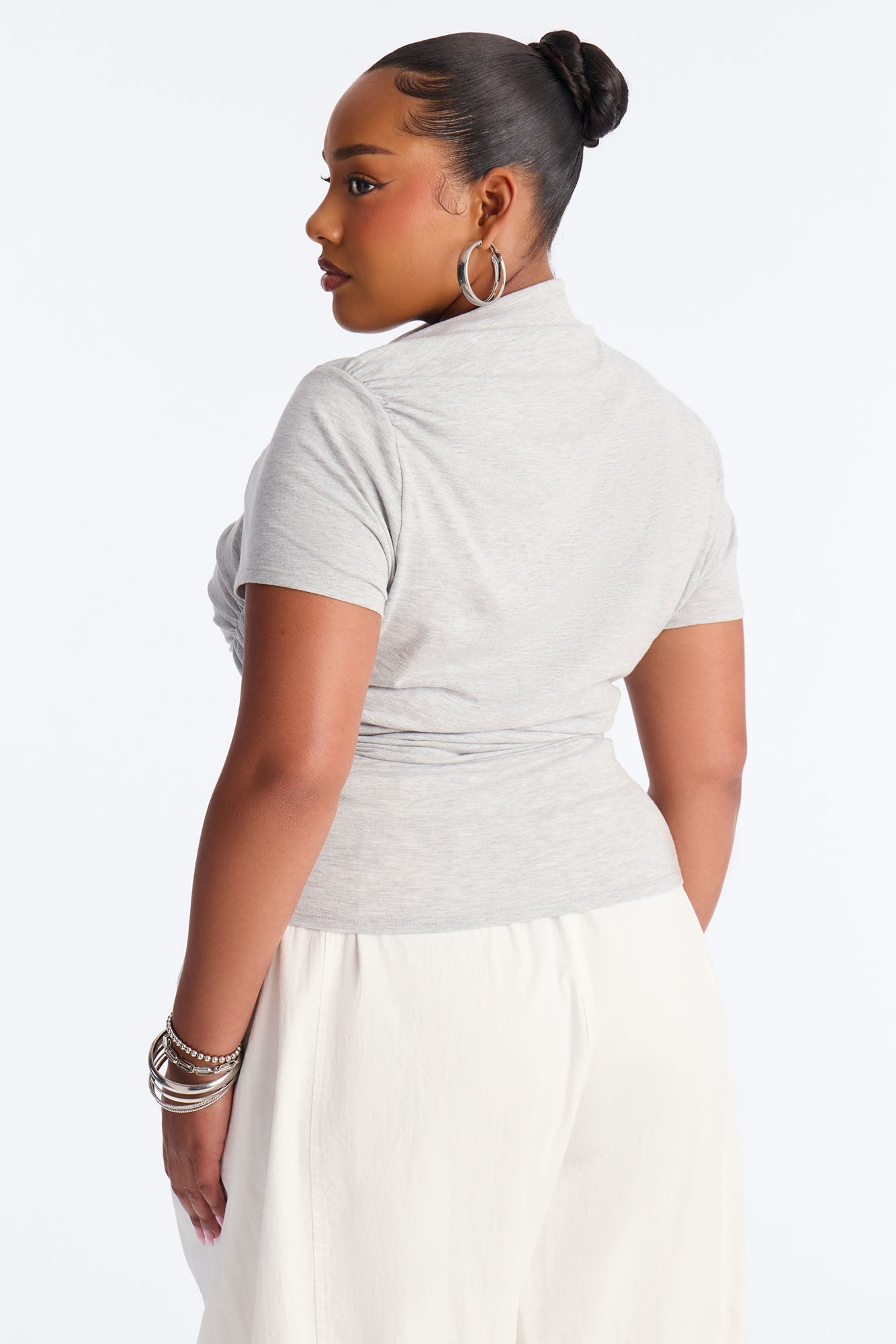 Coni Asymmetrical Mock Neck Short Sleeve Top - Grey