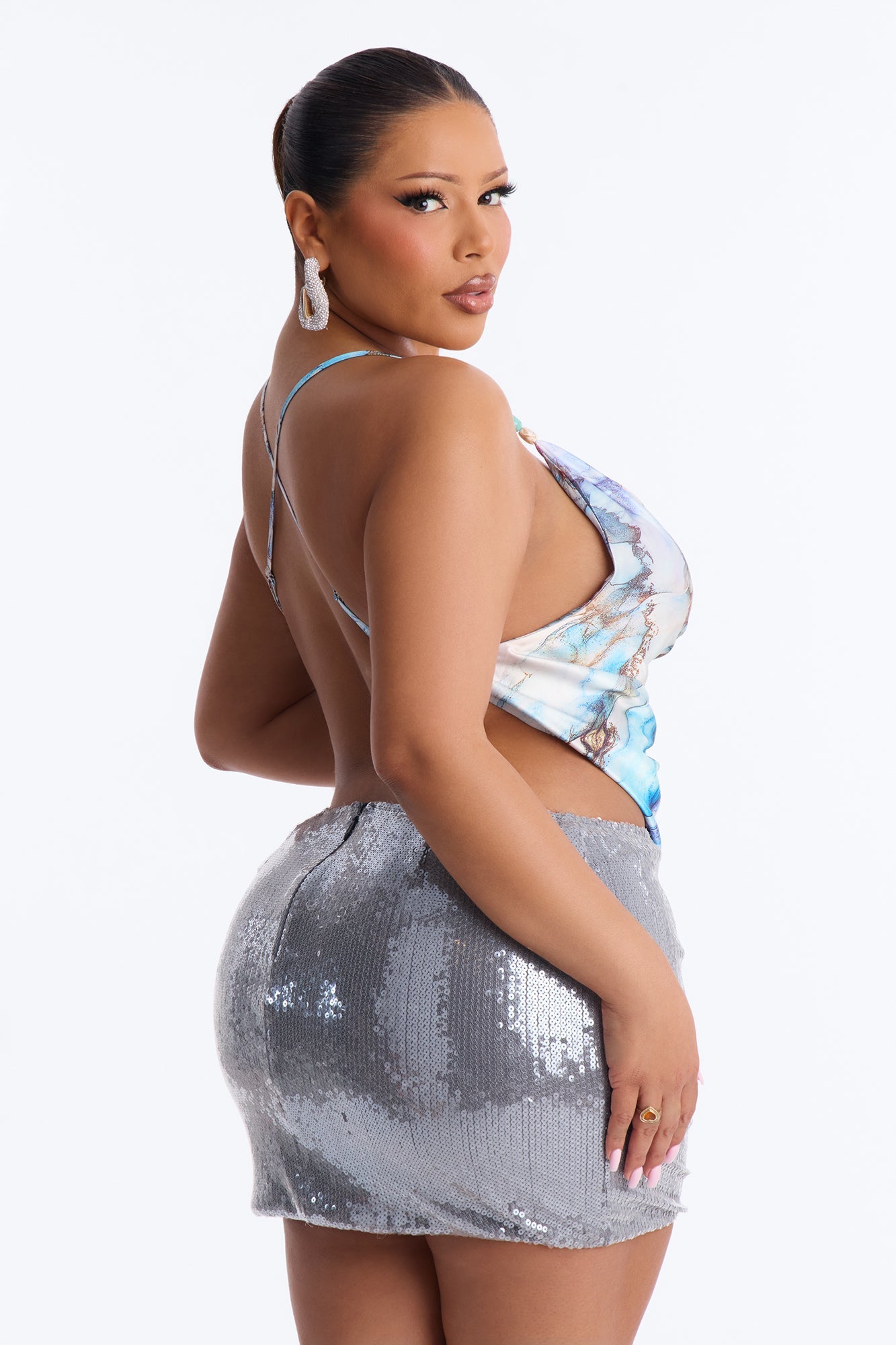 Sugar High Beaded Satin Halter Top - Blue/combo