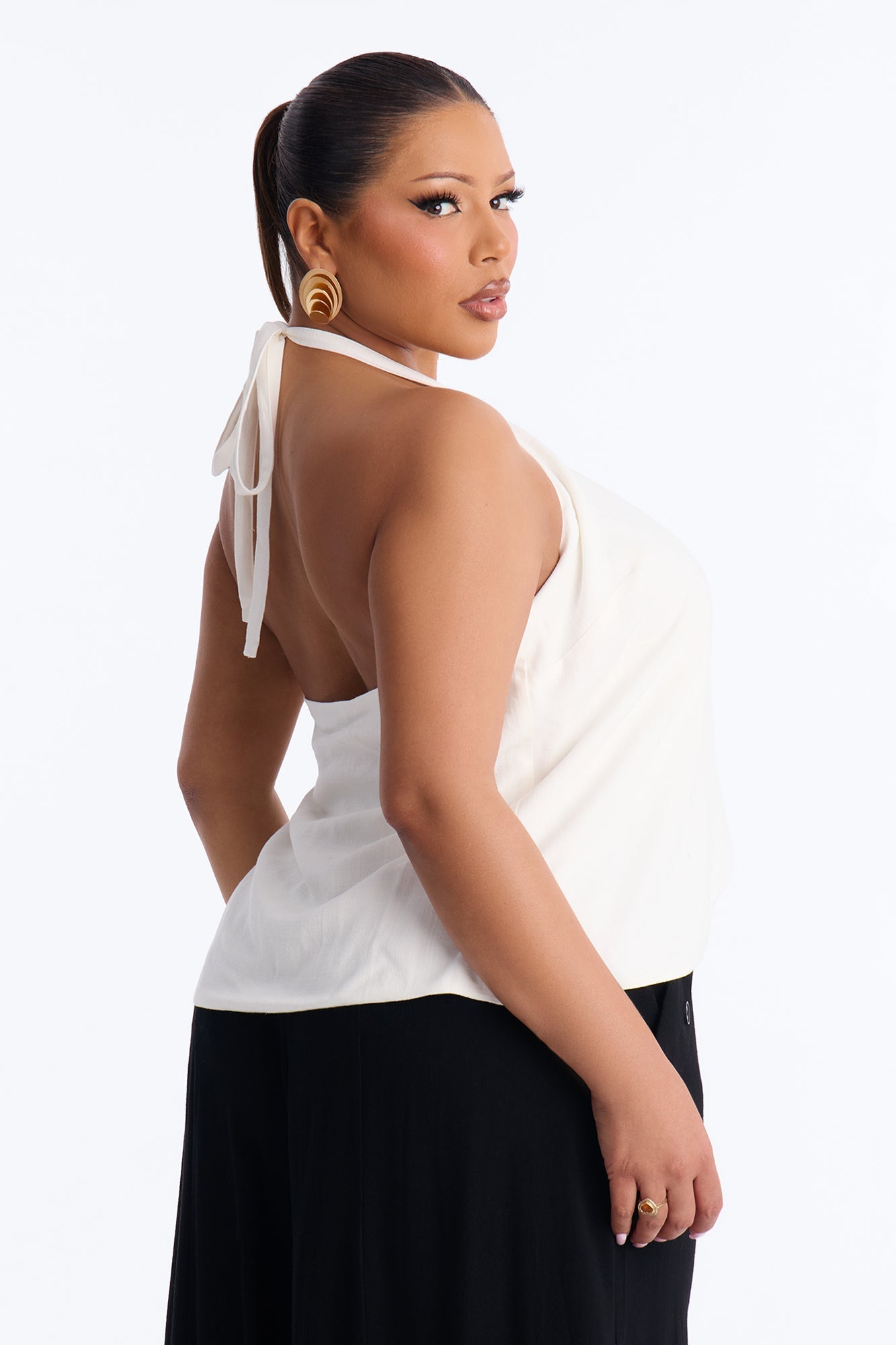 Snack First Wrap Over Linen Halter Top - White Fashion Nova