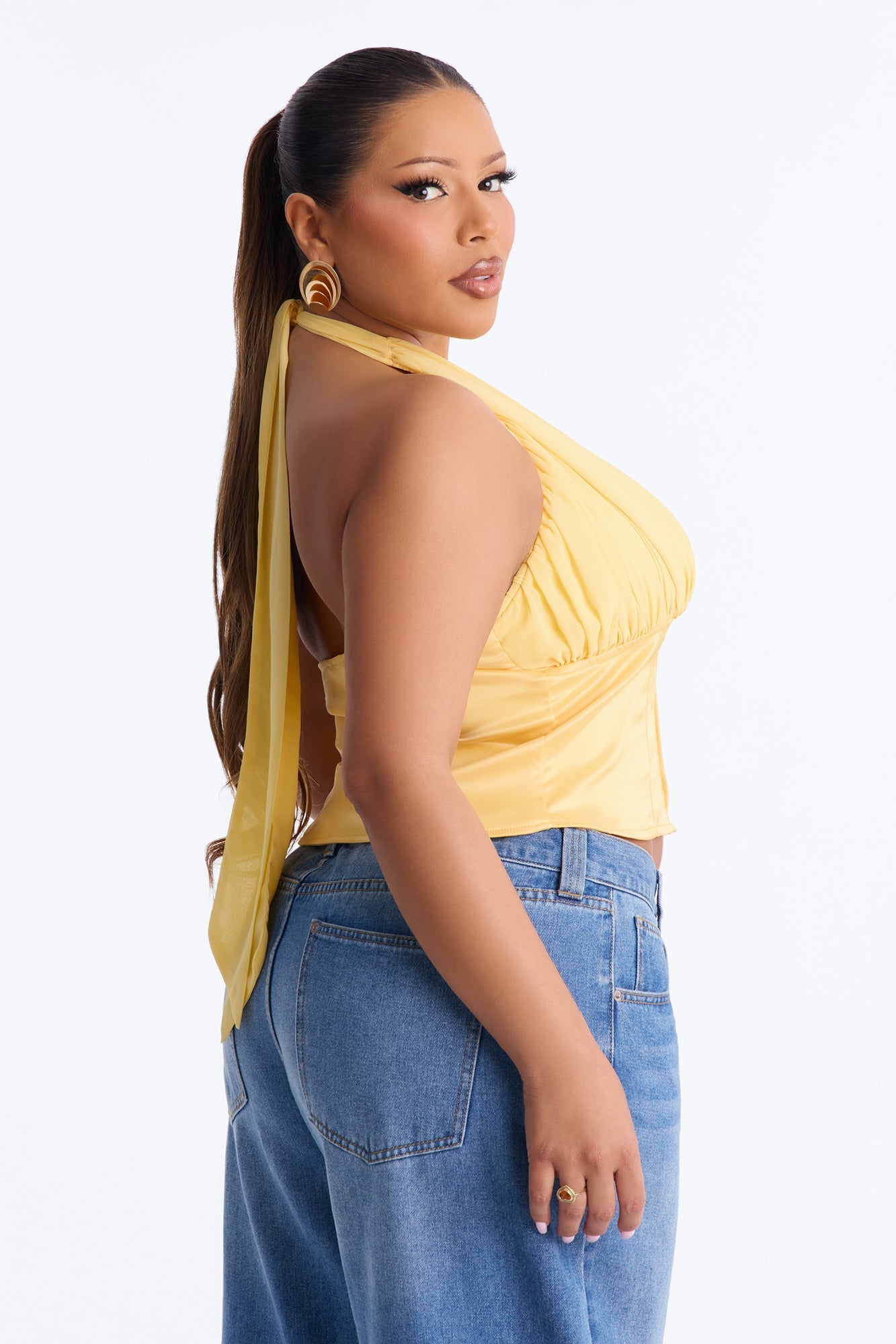 All Eyes Here Tie Neck Satin Halter Top - Yellow