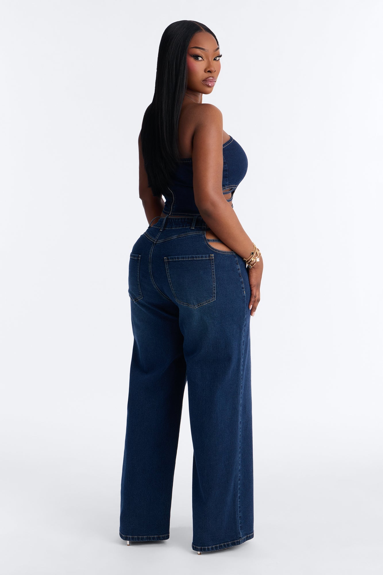 Arazia Denim Cut Out Pant Set - Dark Denim