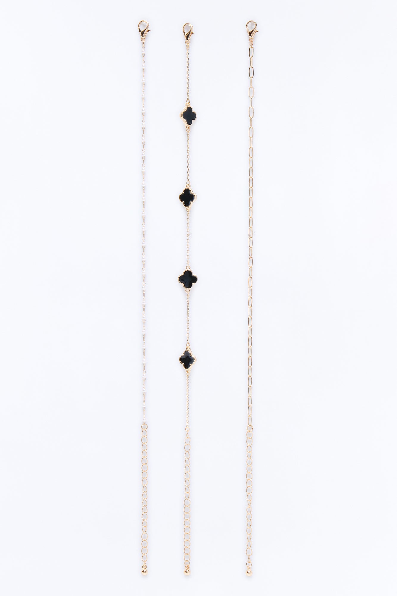 Clovers And Pearls 3 Piece Anklet Set - Gold/Black