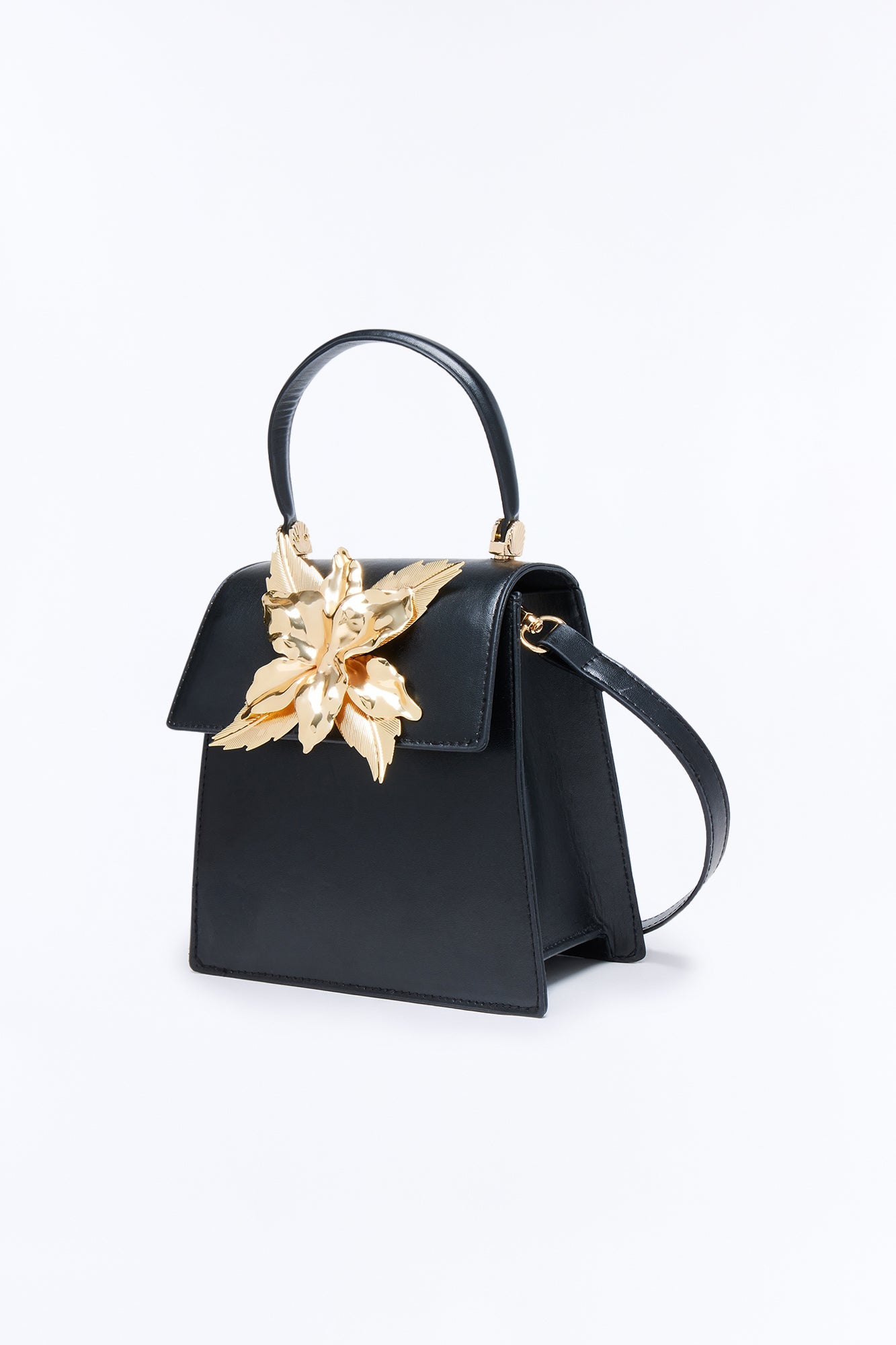 Floral Dreams Faux Leather Satchel Handbag - Black/Gold