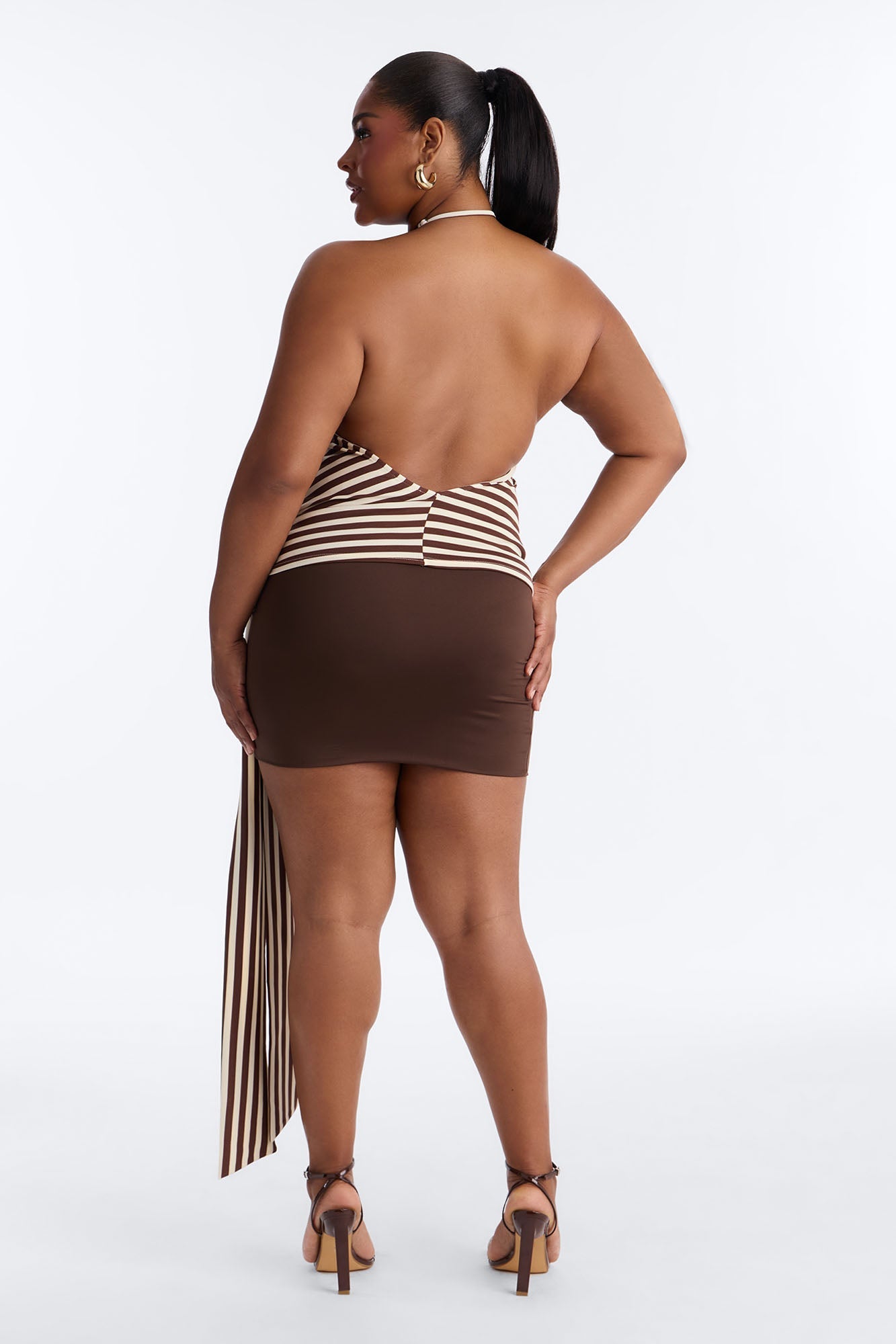 Steph Striped Draped Tie Halter Top - Mocha/combo