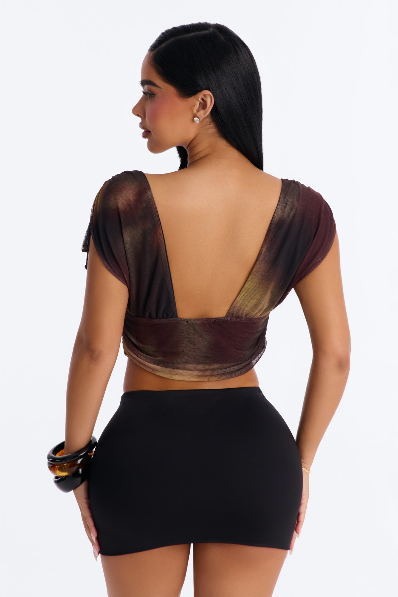 Lori Deep V-Neck Mesh Cropped Top - Brown/combo