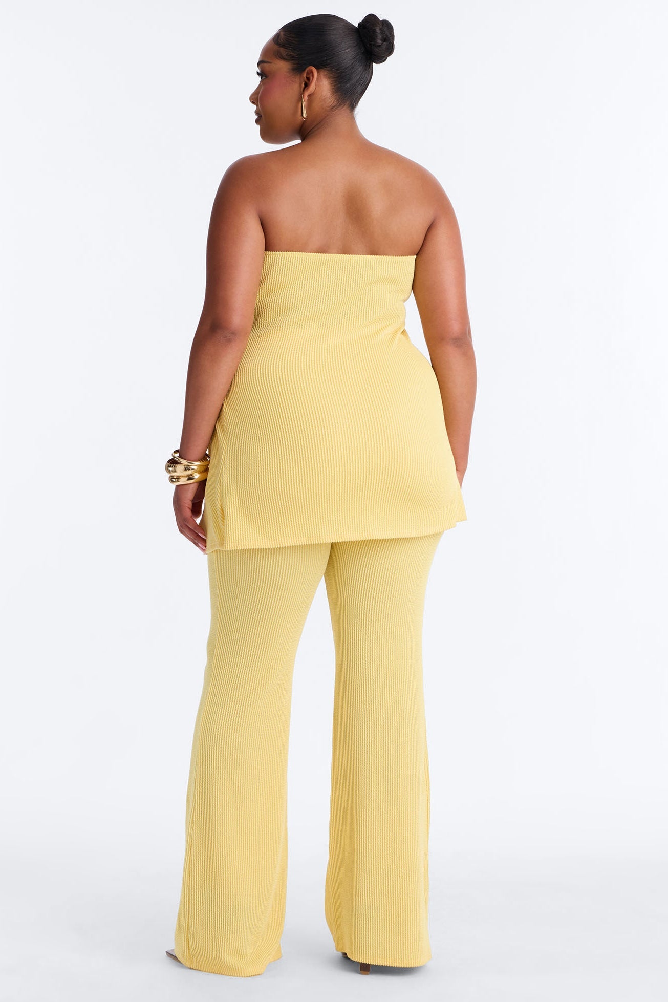 Mona Textured Strapless Flare Pant Set - Yellow