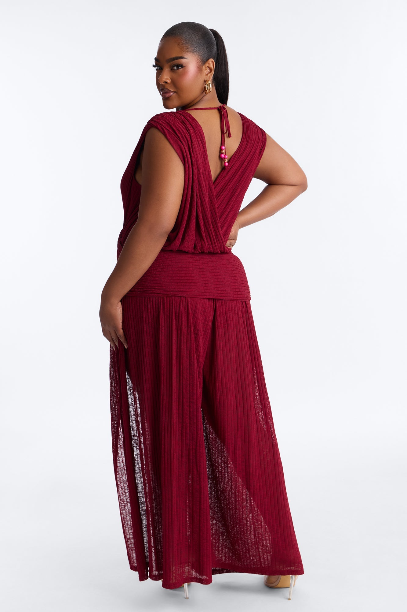 Romy Beaded Wide Leg Slit Jumpsuit - Wine