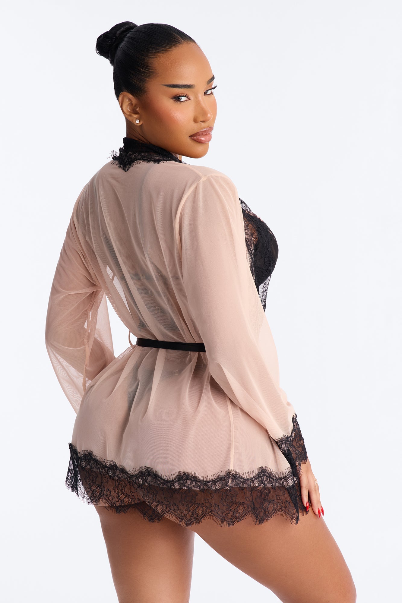 Tempted Mesh 3 Piece Corset And Panty Set With Robe - Black