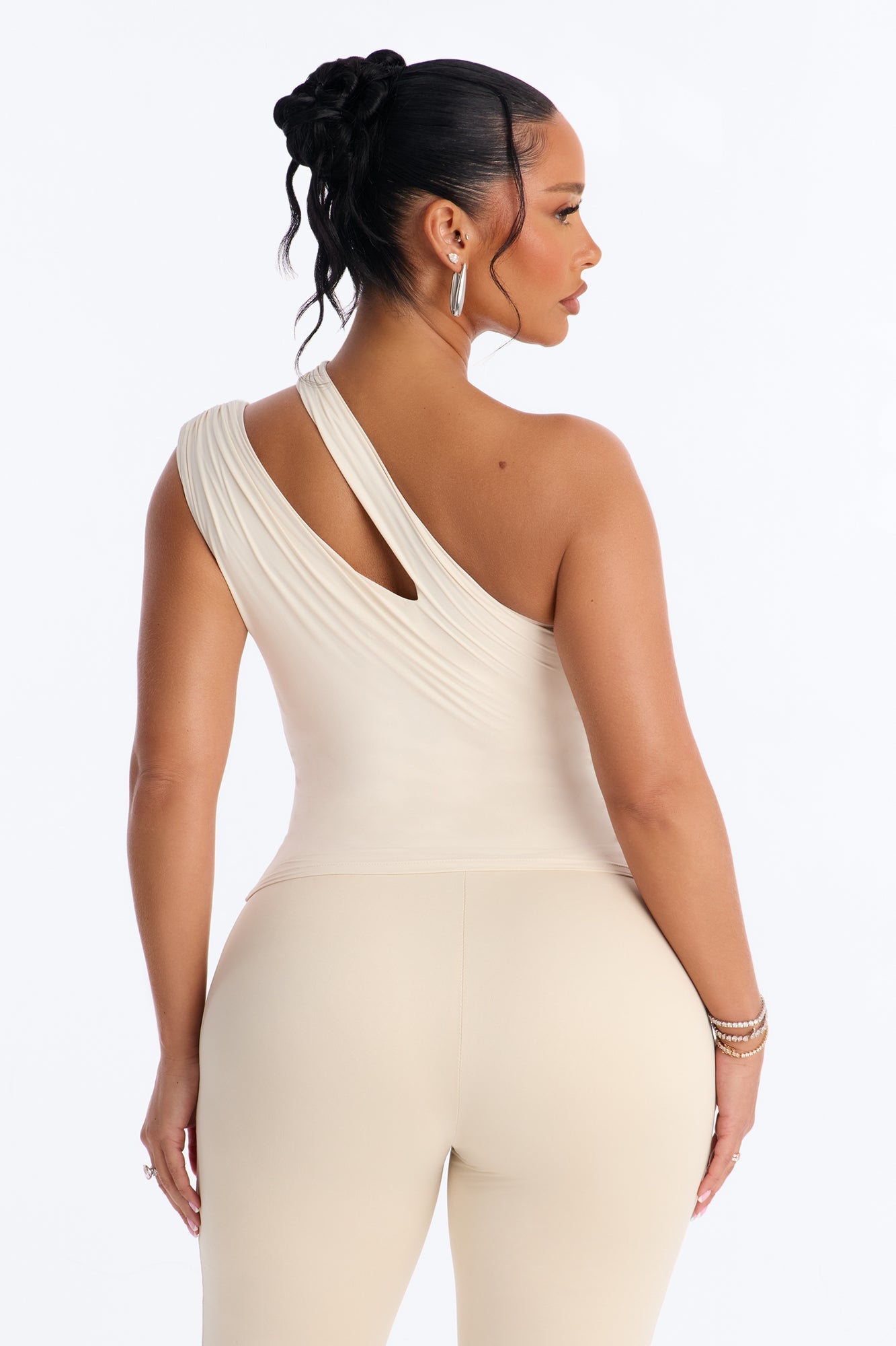 Second Skin Double Lined Cut Out One Shoulder Sleeveless Top - Bone