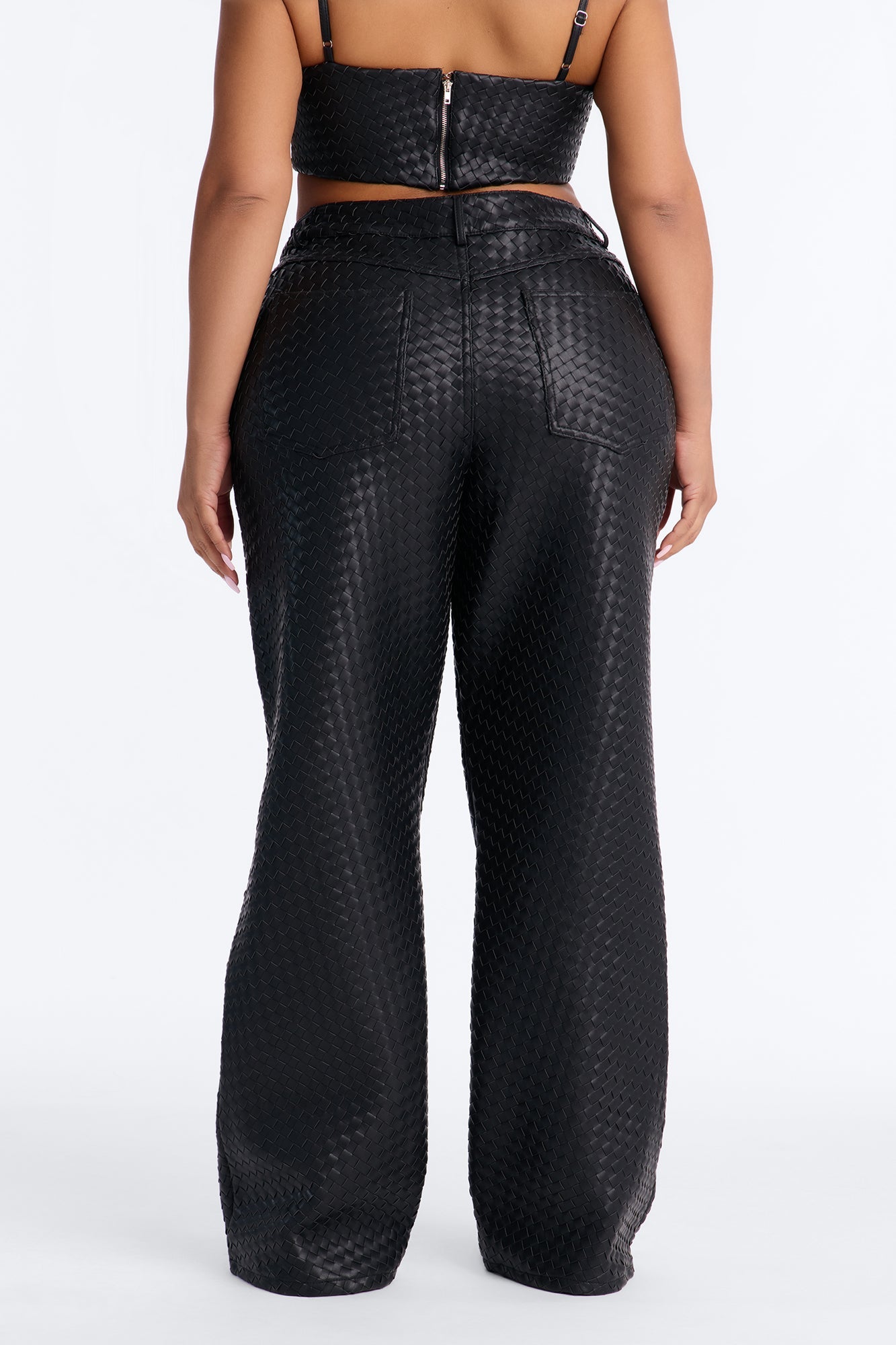 Vivian Low Rise Woven Faux Leather Wide Leg Pant - Black