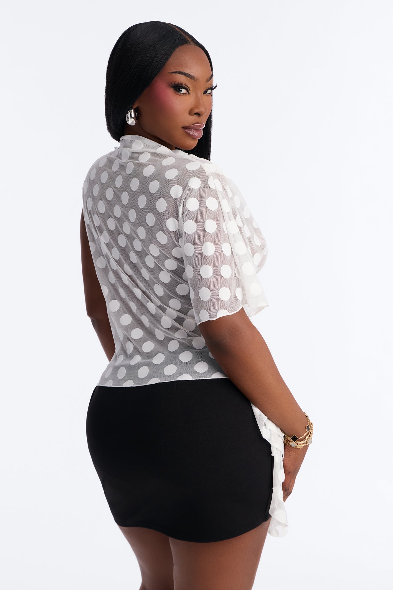 Sunday Brunch Polka Dot Mesh One Shoulder Top - White
